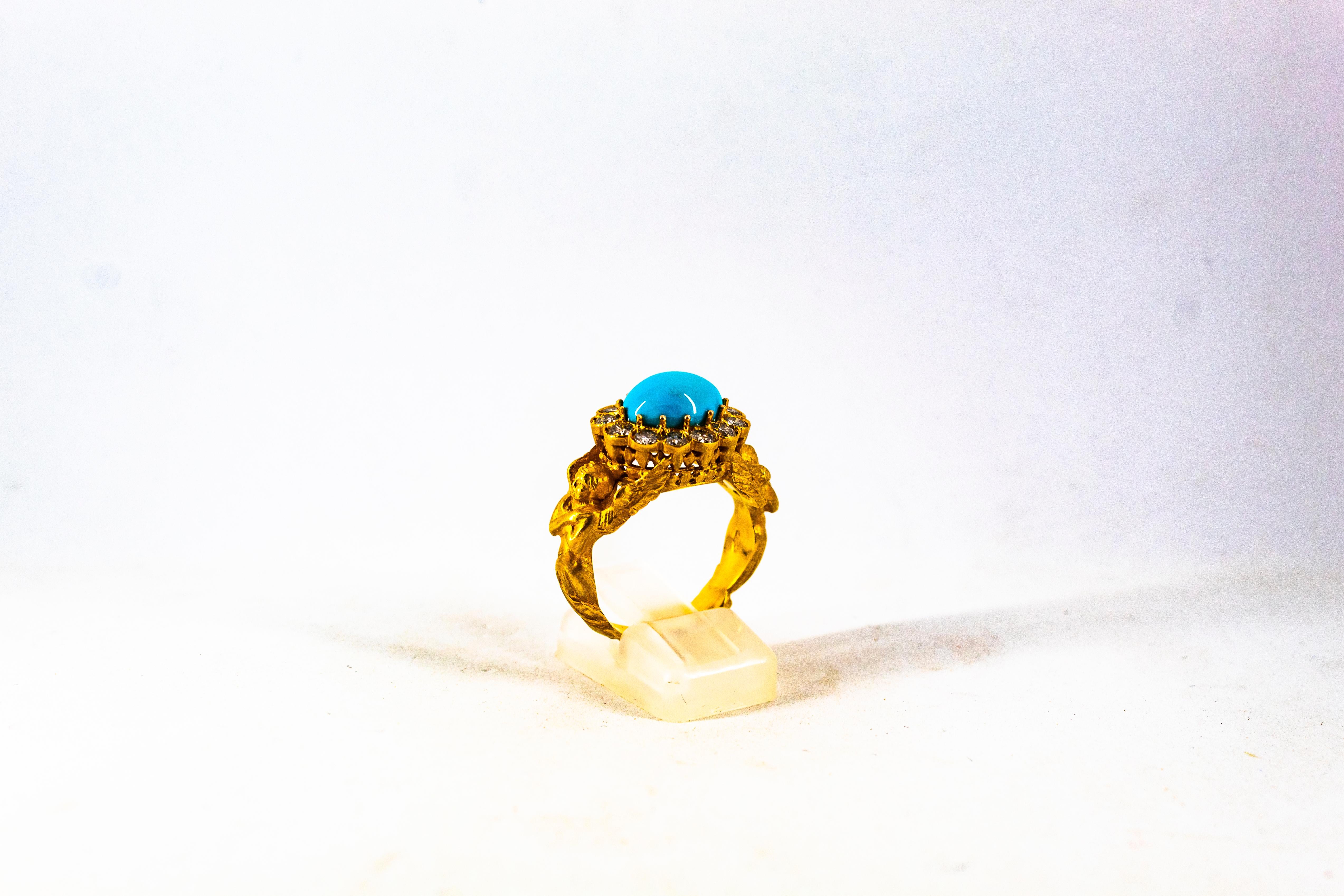 Art Nouveau 1.15 Carat White Diamond Turquoise Yellow Gold Cocktail Ring For Sale 4
