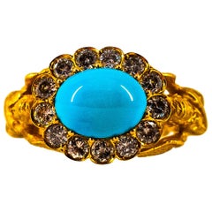 Art Nouveau 1.15 Carat White Diamond Turquoise Yellow Gold Cocktail Ring