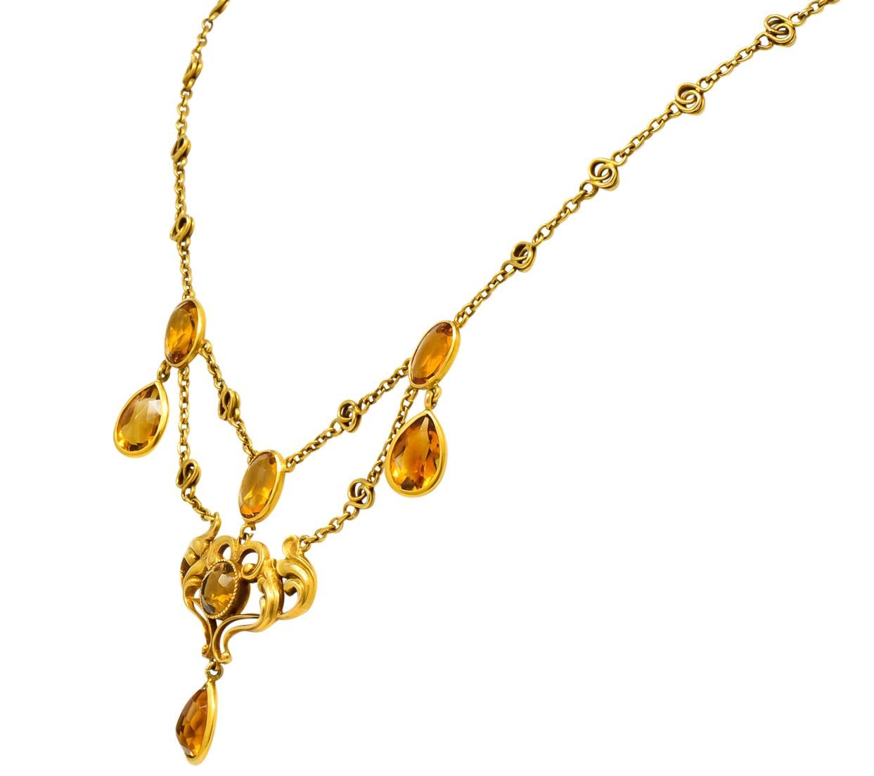 Art Nouveau 11.50 Carat Citrine 14 Karat Gold Swag Necklace In Excellent Condition In Philadelphia, PA