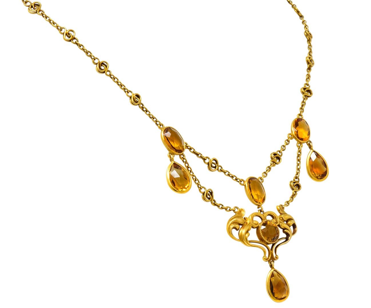 Women's or Men's Art Nouveau 11.50 Carat Citrine 14 Karat Gold Swag Necklace