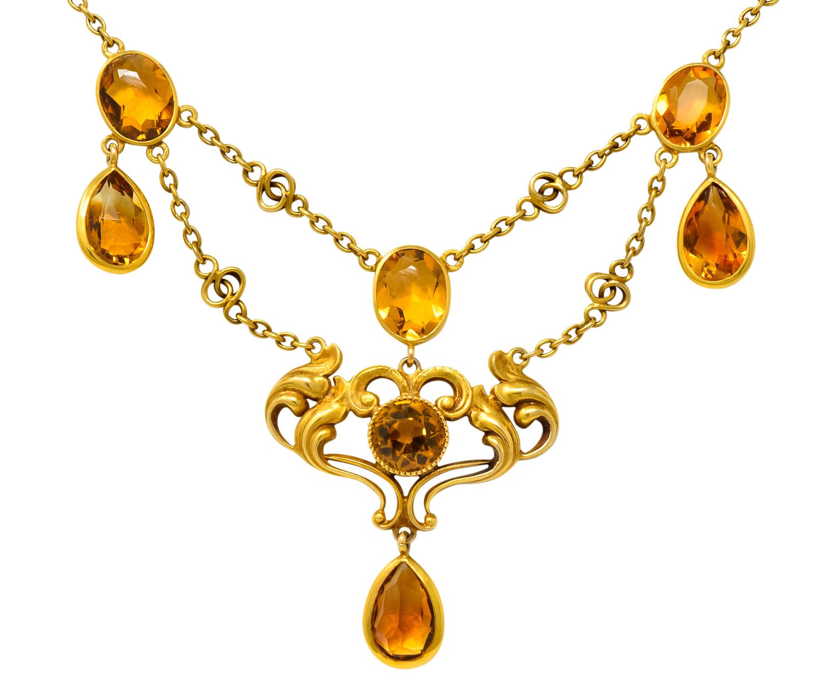 Art Nouveau 11.50 Carat Citrine 14 Karat Gold Swag Necklace 2