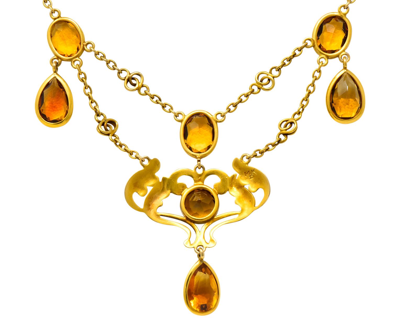 Art Nouveau 11.50 Carat Citrine 14 Karat Gold Swag Necklace 3