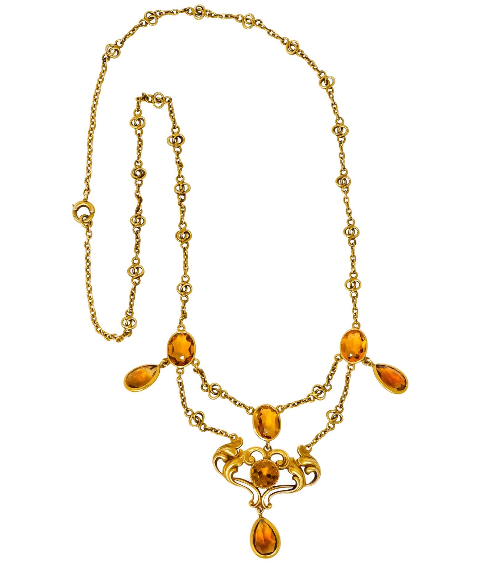 Art Nouveau 11.50 Carat Citrine 14 Karat Gold Swag Necklace 5