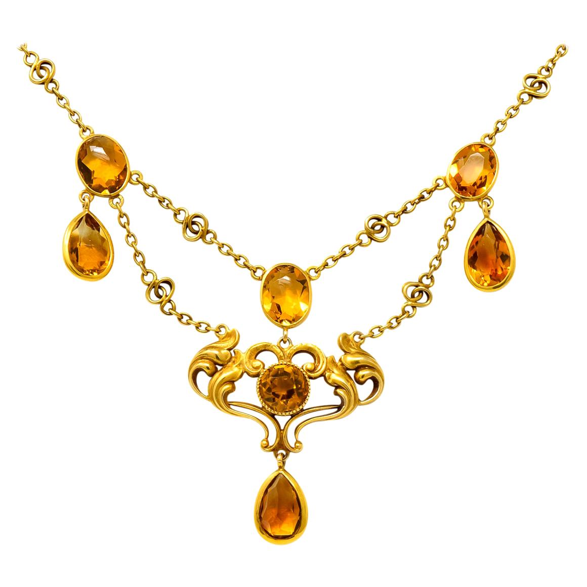 Art Nouveau 11.50 Carat Citrine 14 Karat Gold Swag Necklace