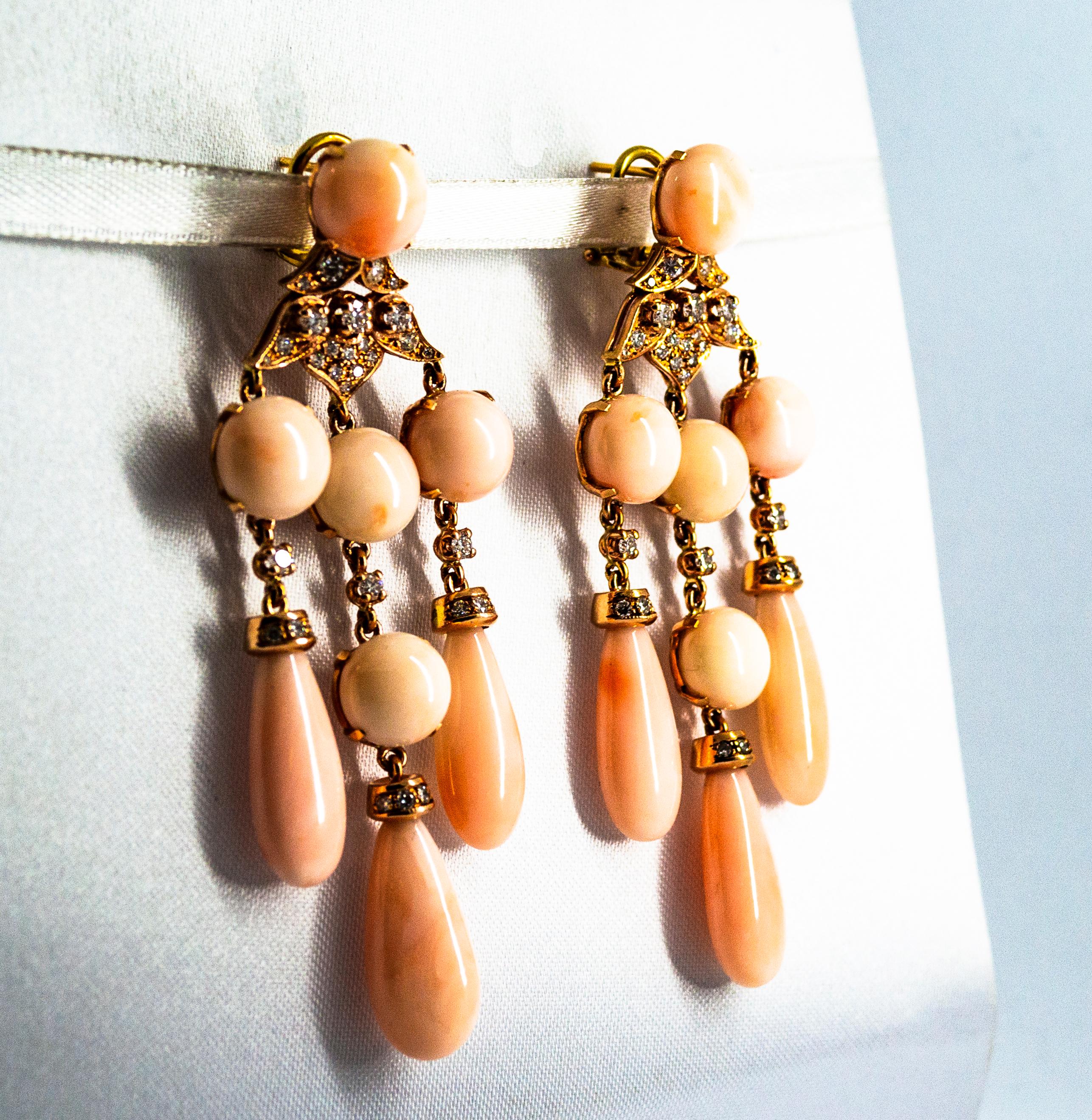 Brilliant Cut Art Nouveau Style White Diamond Pink Coral Yellow Gold Clip-On Earrings