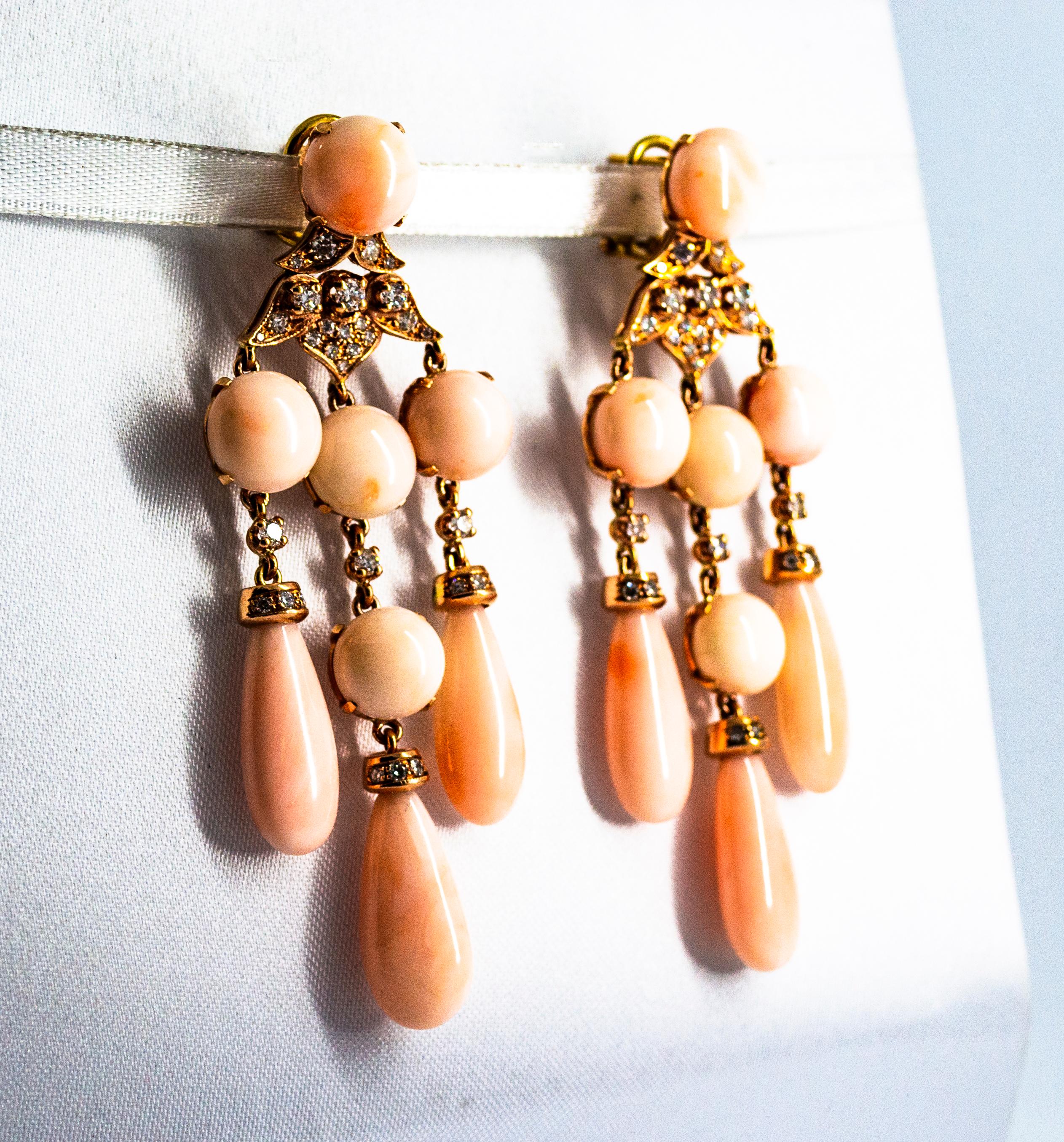 Art Nouveau Style White Diamond Pink Coral Yellow Gold Clip-On Earrings In New Condition In Naples, IT
