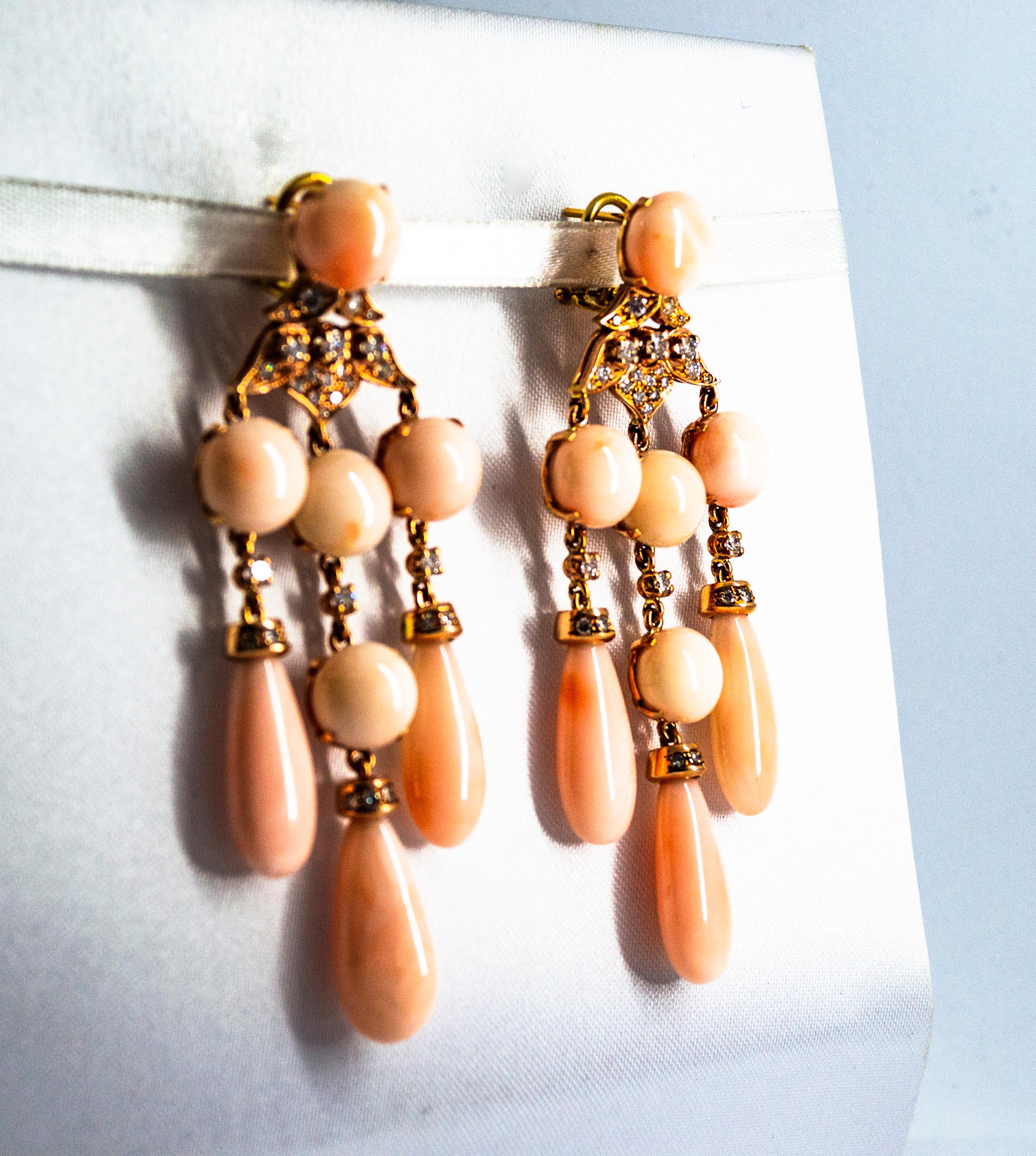 Women's or Men's Art Nouveau Style White Diamond Pink Coral Yellow Gold Clip-On Earrings