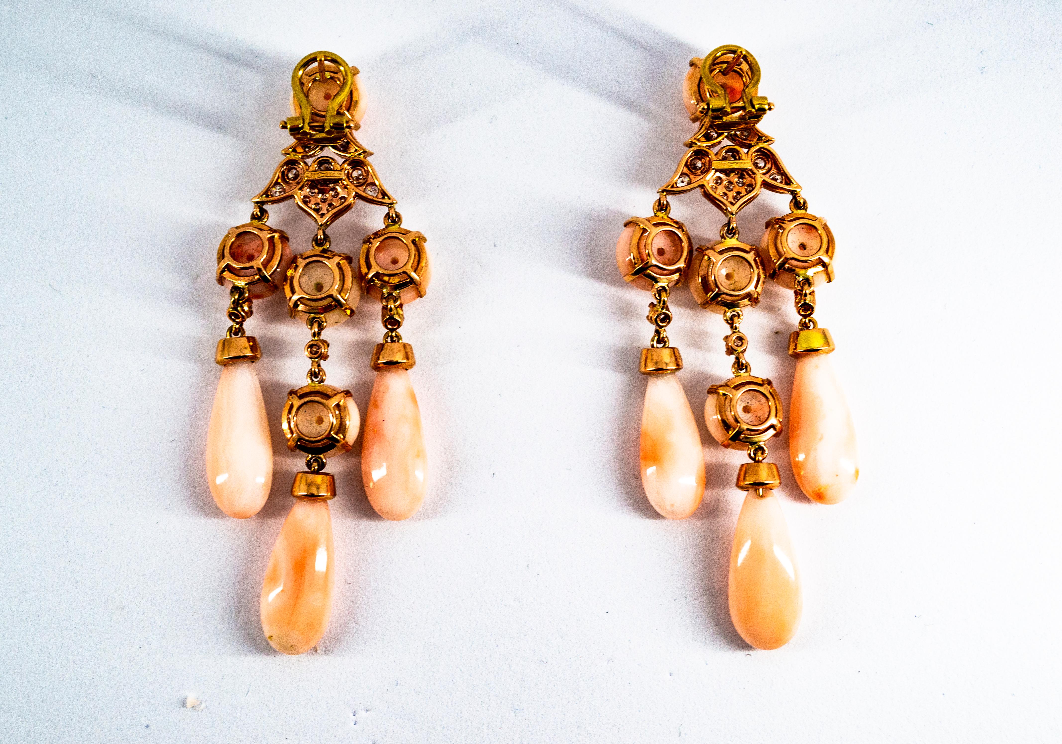 Art Nouveau Style White Diamond Pink Coral Yellow Gold Clip-On Earrings 3
