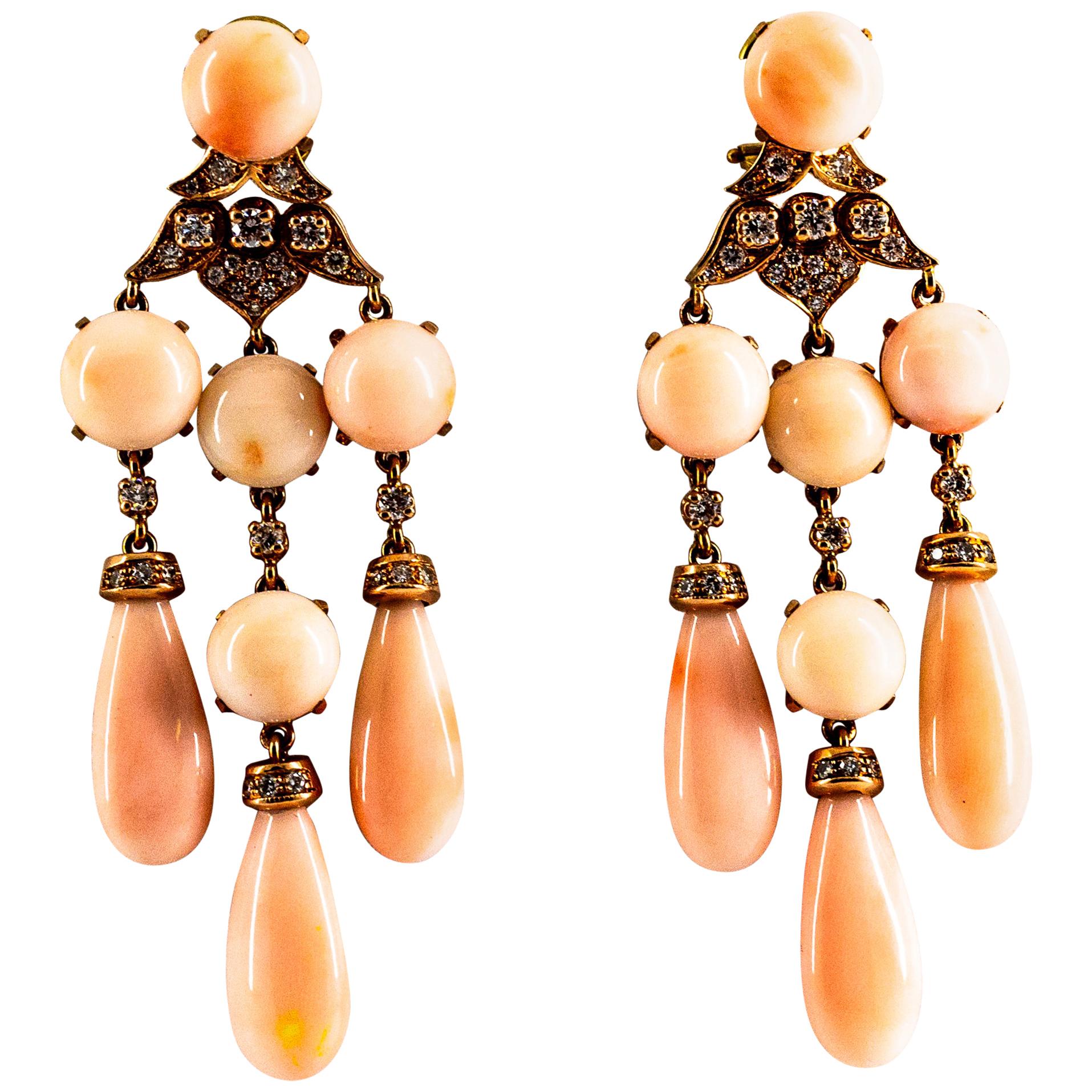 Art Nouveau Style White Diamond Pink Coral Yellow Gold Clip-On Earrings