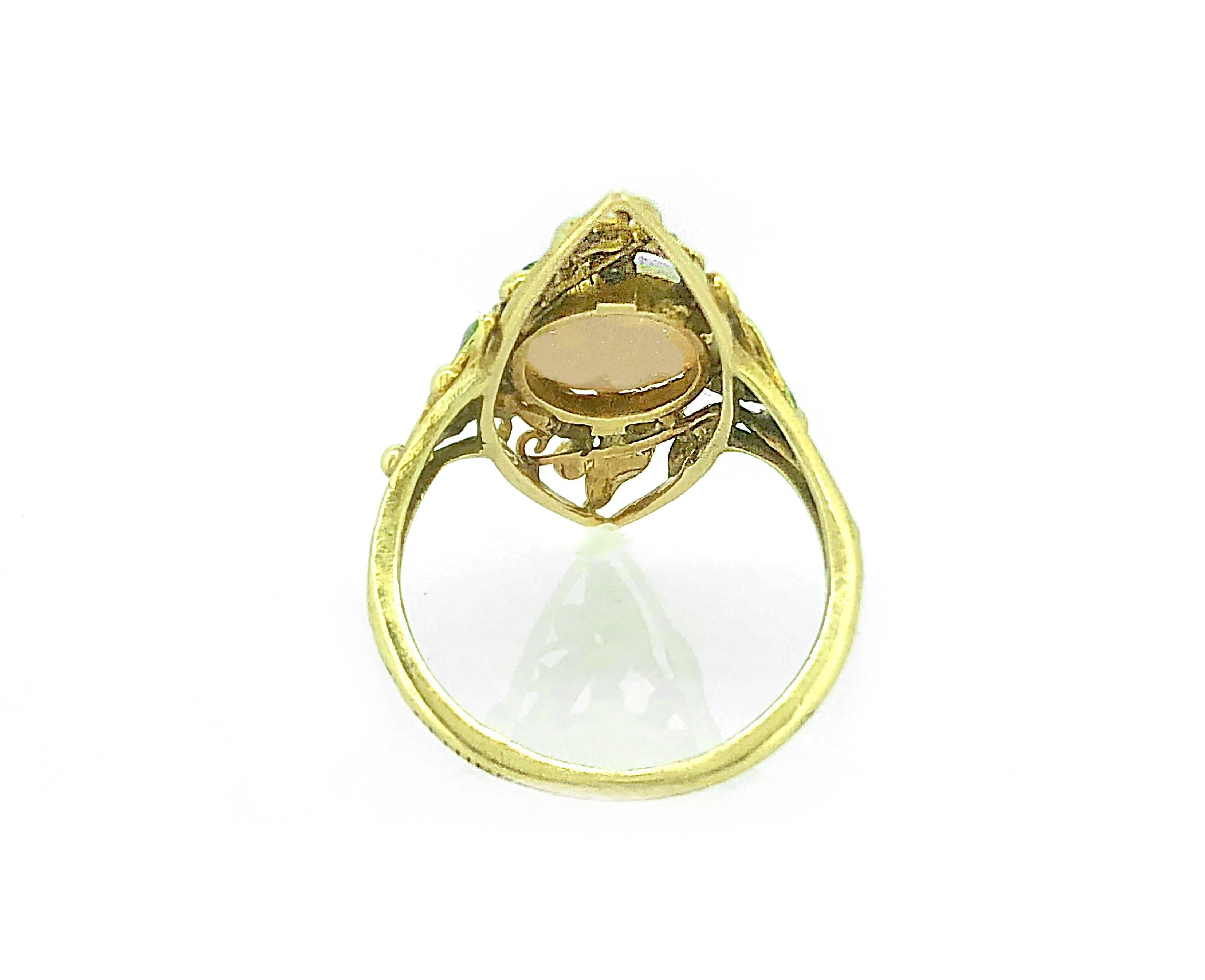 Round Cut Art Nouveau 1.33 Carat Opal Enamel  Ring by Delurret 18 Karat Yellow Gold