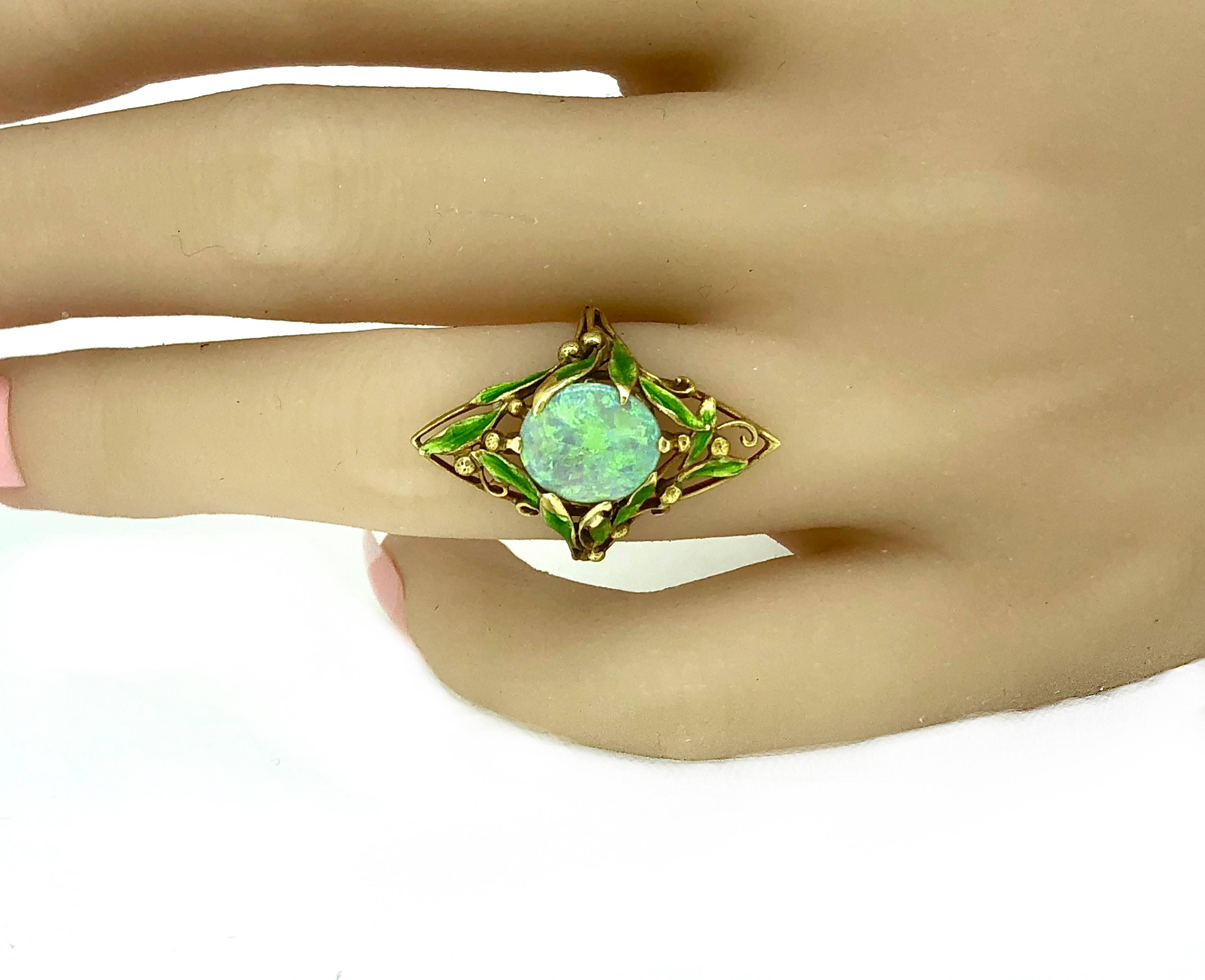 Art Nouveau 1.33 Carat Opal Enamel  Ring by Delurret 18 Karat Yellow Gold In Excellent Condition In Tampa, FL