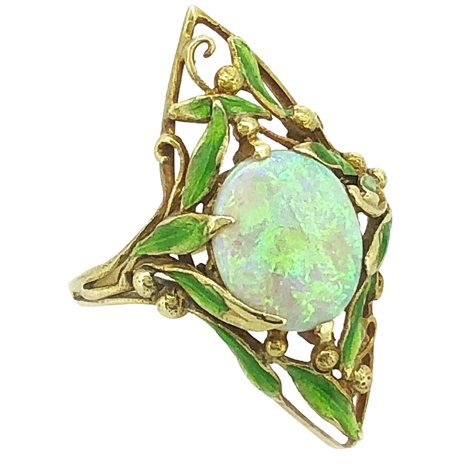 Art Nouveau 1.33 Carat Opal Enamel  Ring by Delurret 18 Karat Yellow Gold
