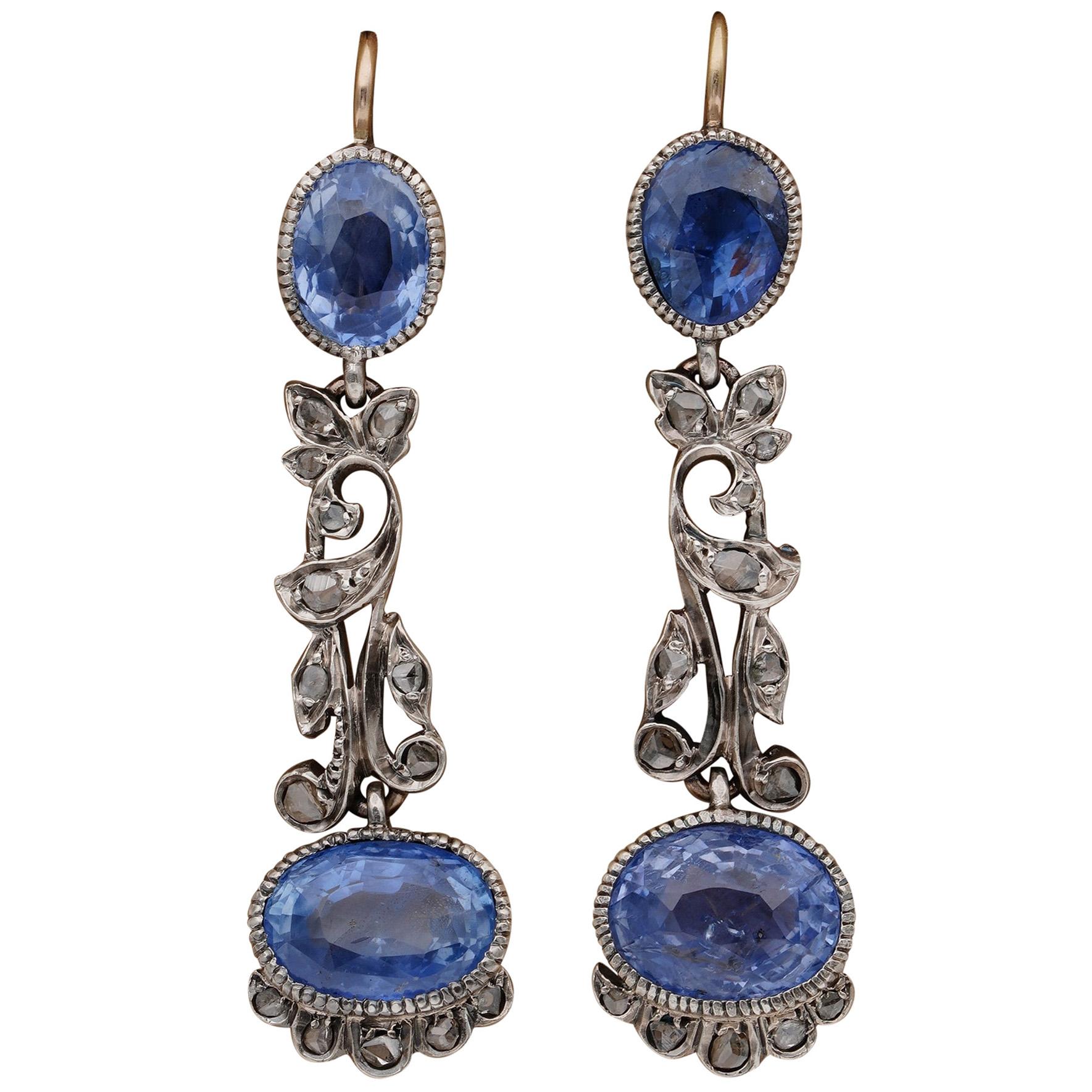 Art Nouveau 13.70 Carat Certified Natural Ceylon Sapphire Diamond Drop Earring