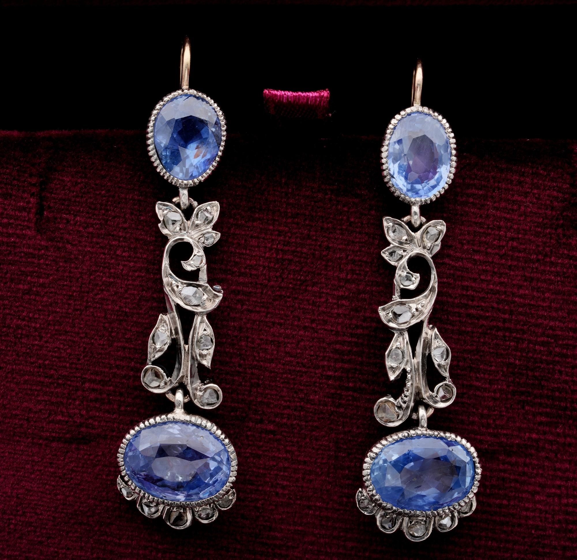 Oval Cut Art Nouveau 13.70 Carat Certified Natural Ceylon Sapphire Diamond Drop Earring