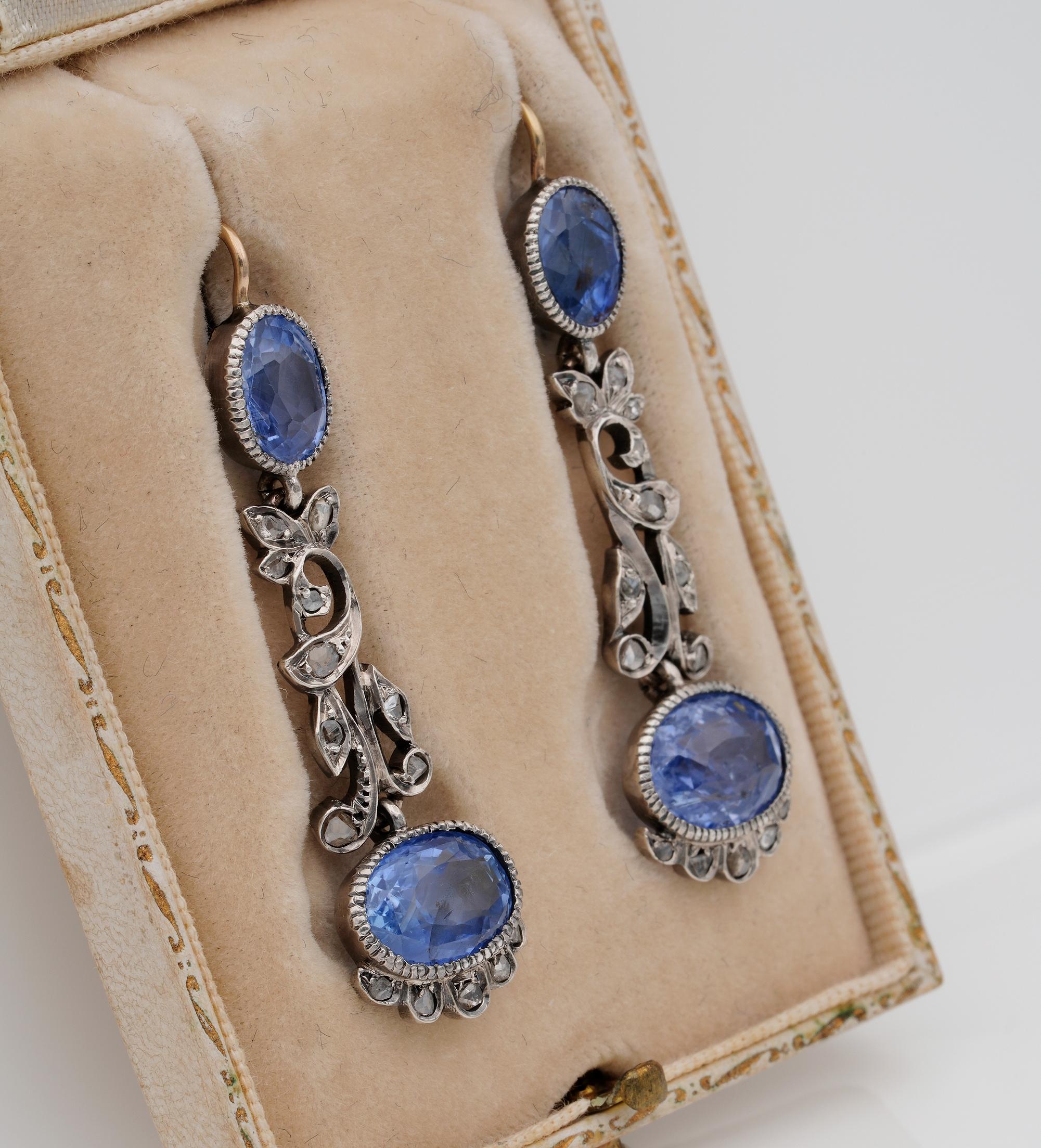 Art Nouveau 13.70 Carat Certified Natural Ceylon Sapphire Diamond Drop Earring In Good Condition In Napoli, IT