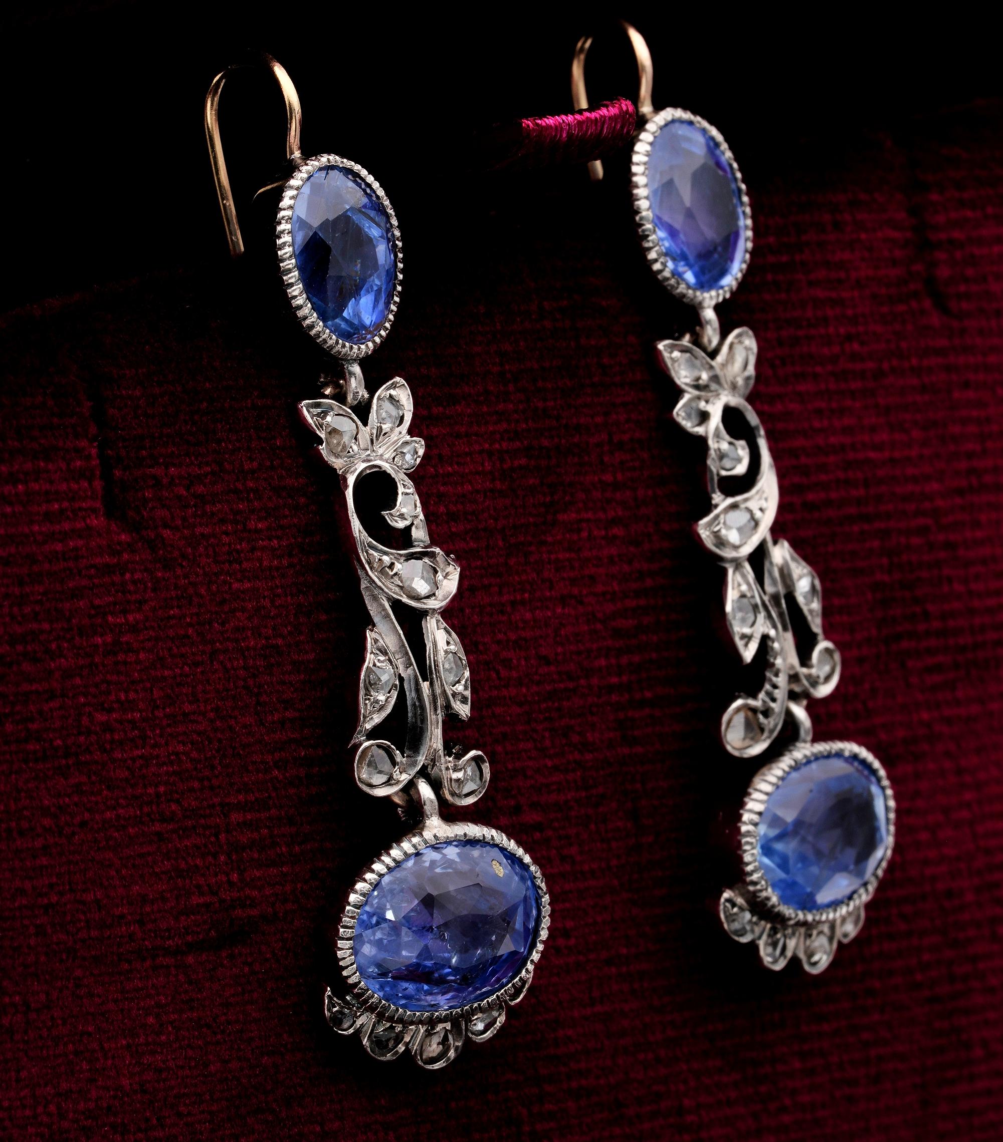 Women's Art Nouveau 13.70 Carat Certified Natural Ceylon Sapphire Diamond Drop Earring