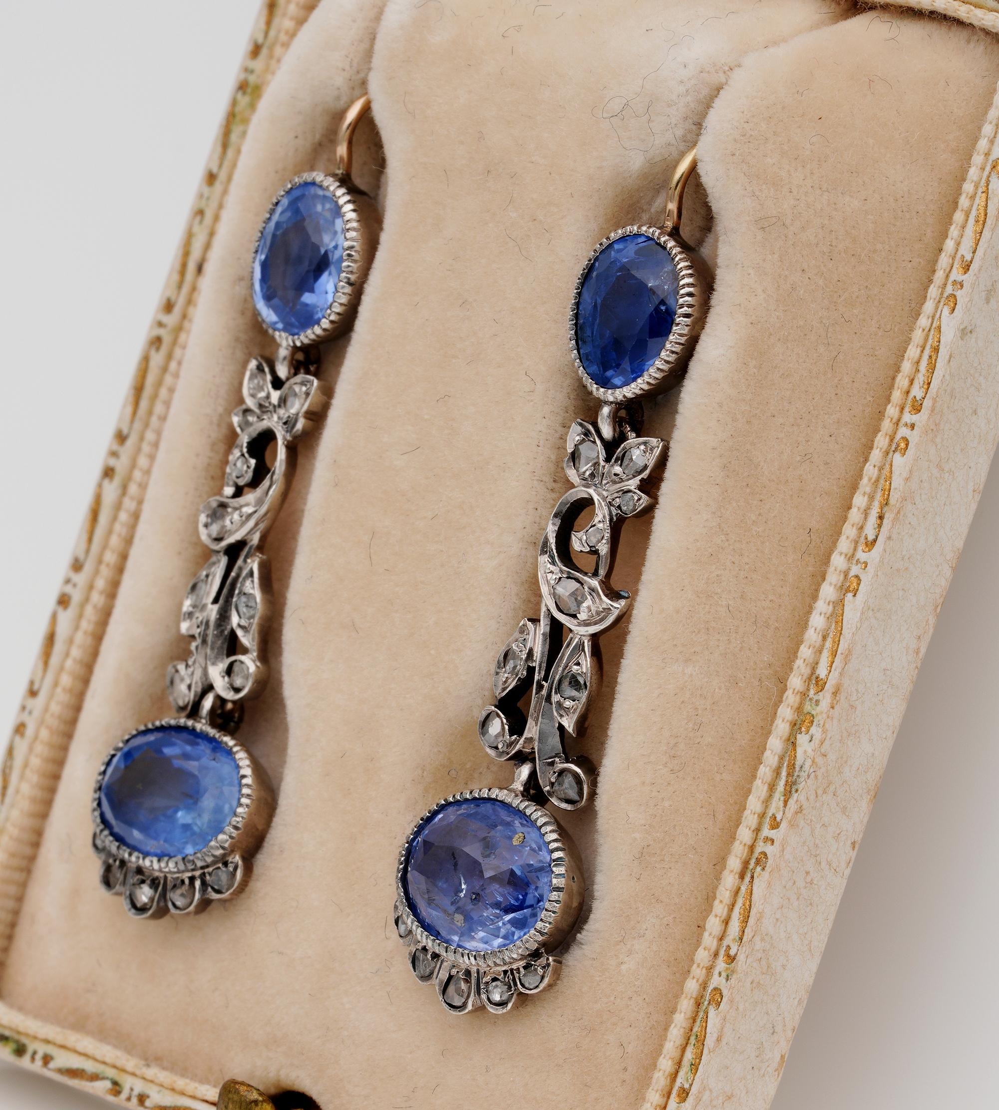 Art Nouveau 13.70 Carat Certified Natural Ceylon Sapphire Diamond Drop Earring 1