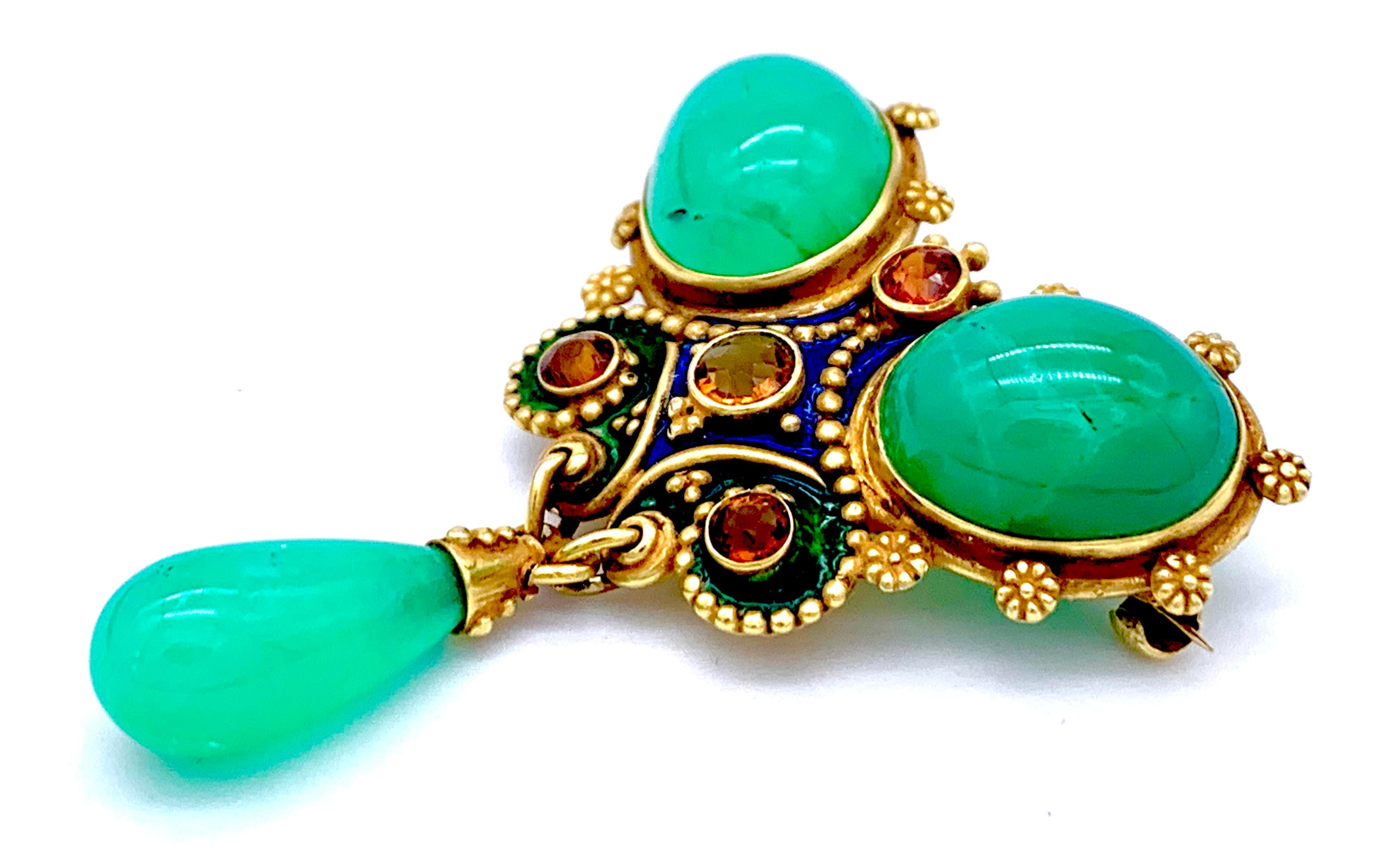 Round Cut Art Nouveau 14 Karat Brooch Dated 1904 Chrysoprase Citrine Enamel Brooch For Sale