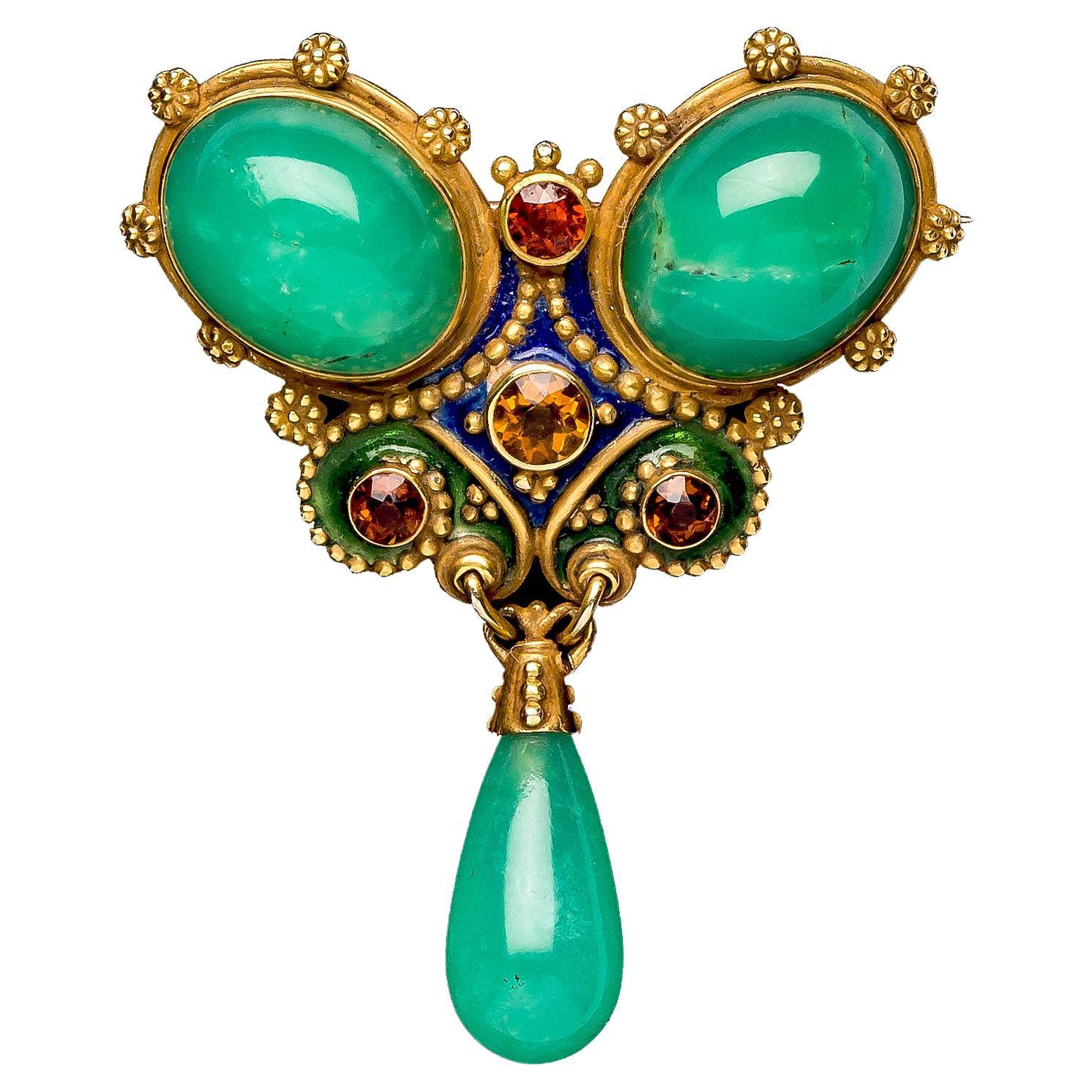 Art Nouveau 14 Karat Brooch Dated 1904 Chrysoprase Citrine Enamel Brooch For Sale