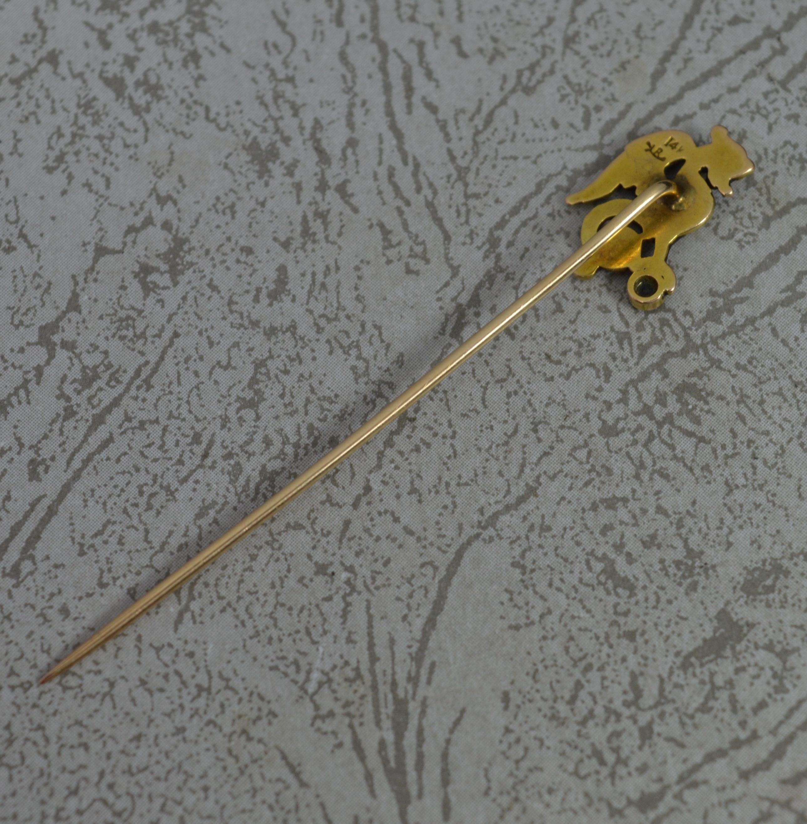 Round Cut Art Nouveau 14 Carat Gold and Sapphire GRIFFIN Shaped Stick Tie Pin For Sale