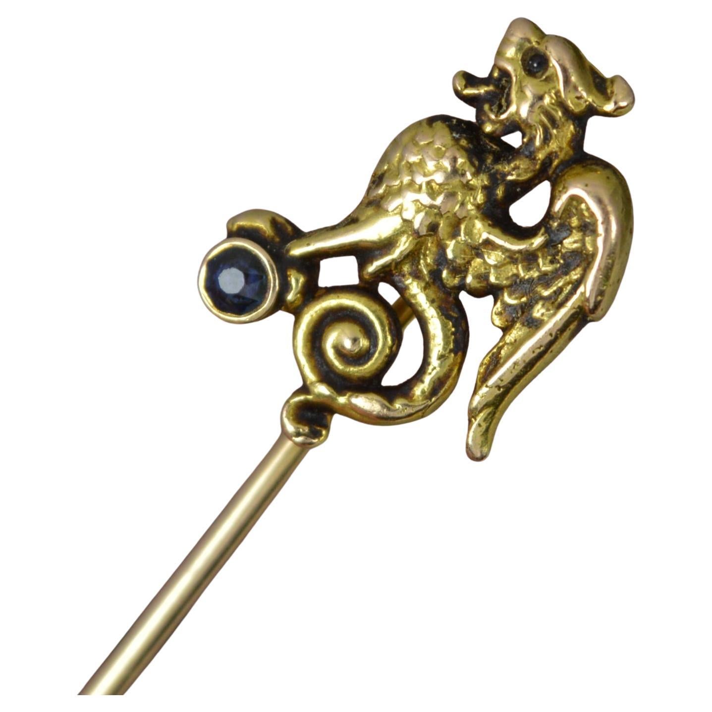 Art Nouveau 14 Carat Gold and Sapphire GRIFFIN Shaped Stick Tie Pin