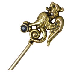Vintage Art Nouveau 14 Carat Gold and Sapphire GRIFFIN Shaped Stick Tie Pin