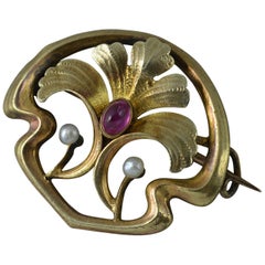 Art Nouveau 14 Carat Rose Gold Ruby Cabochon and Pearl Brooch