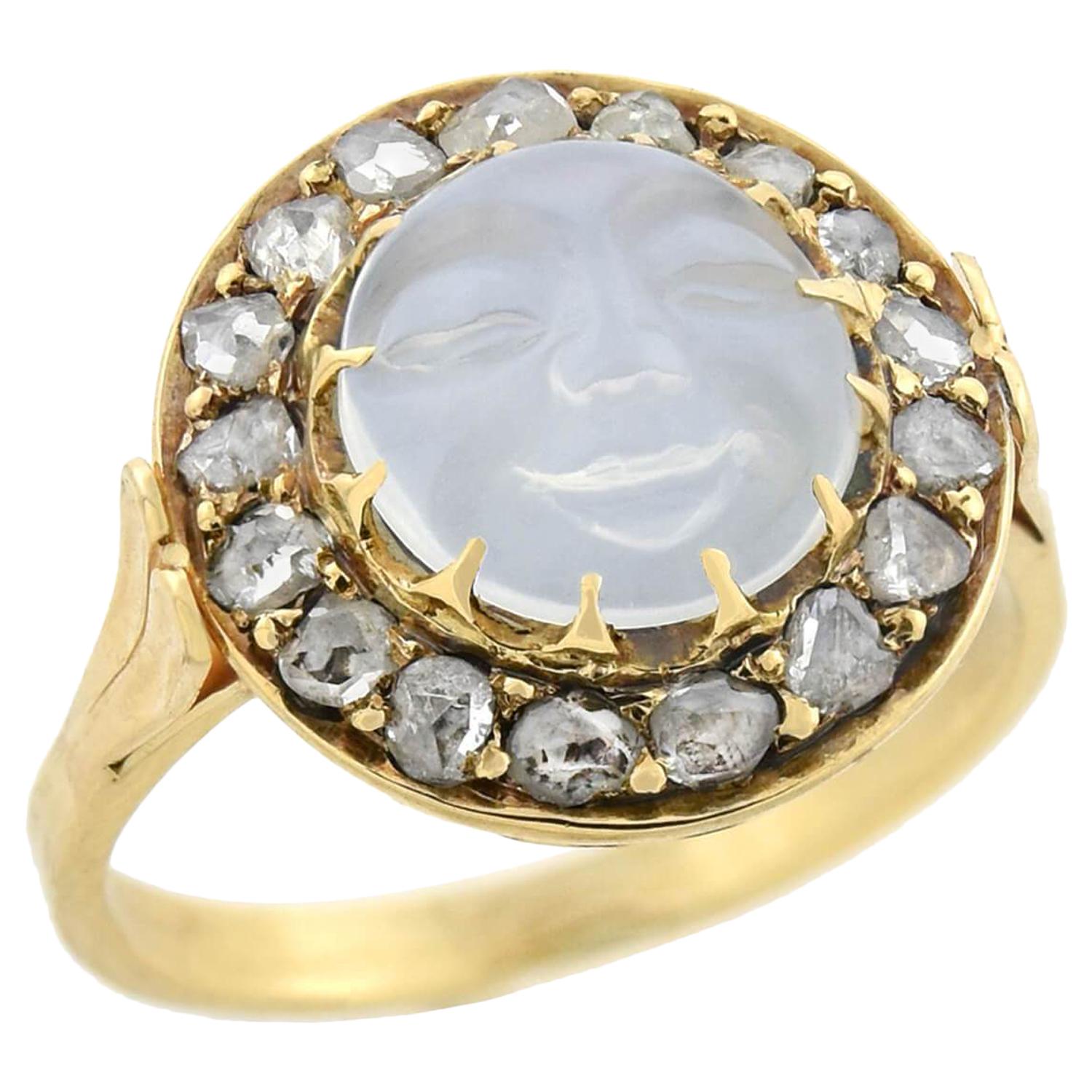 Art Nouveau 14 Karat Carved Moonstone and Diamond "Man in the Moon" Ring