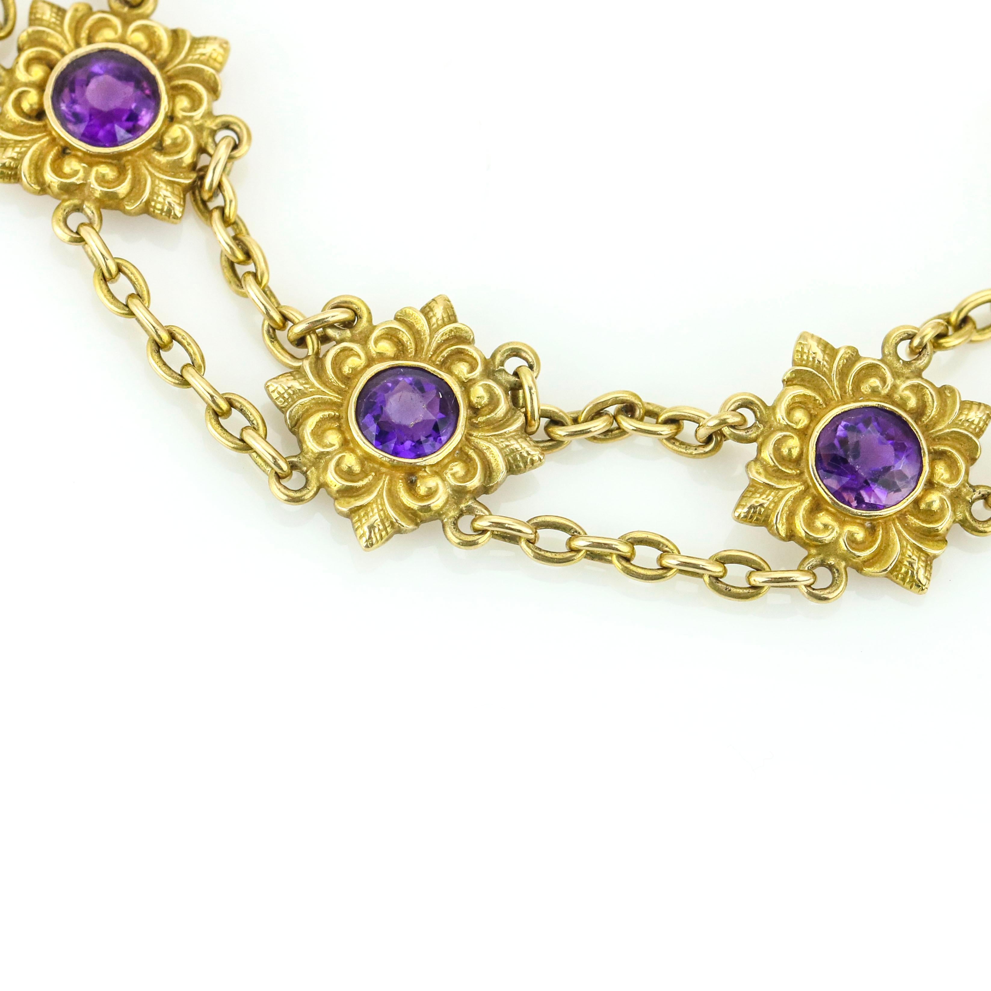 Round Cut Art Nouveau 14 Karat Gold Amethyst 8-Station Chain Bracelet For Sale