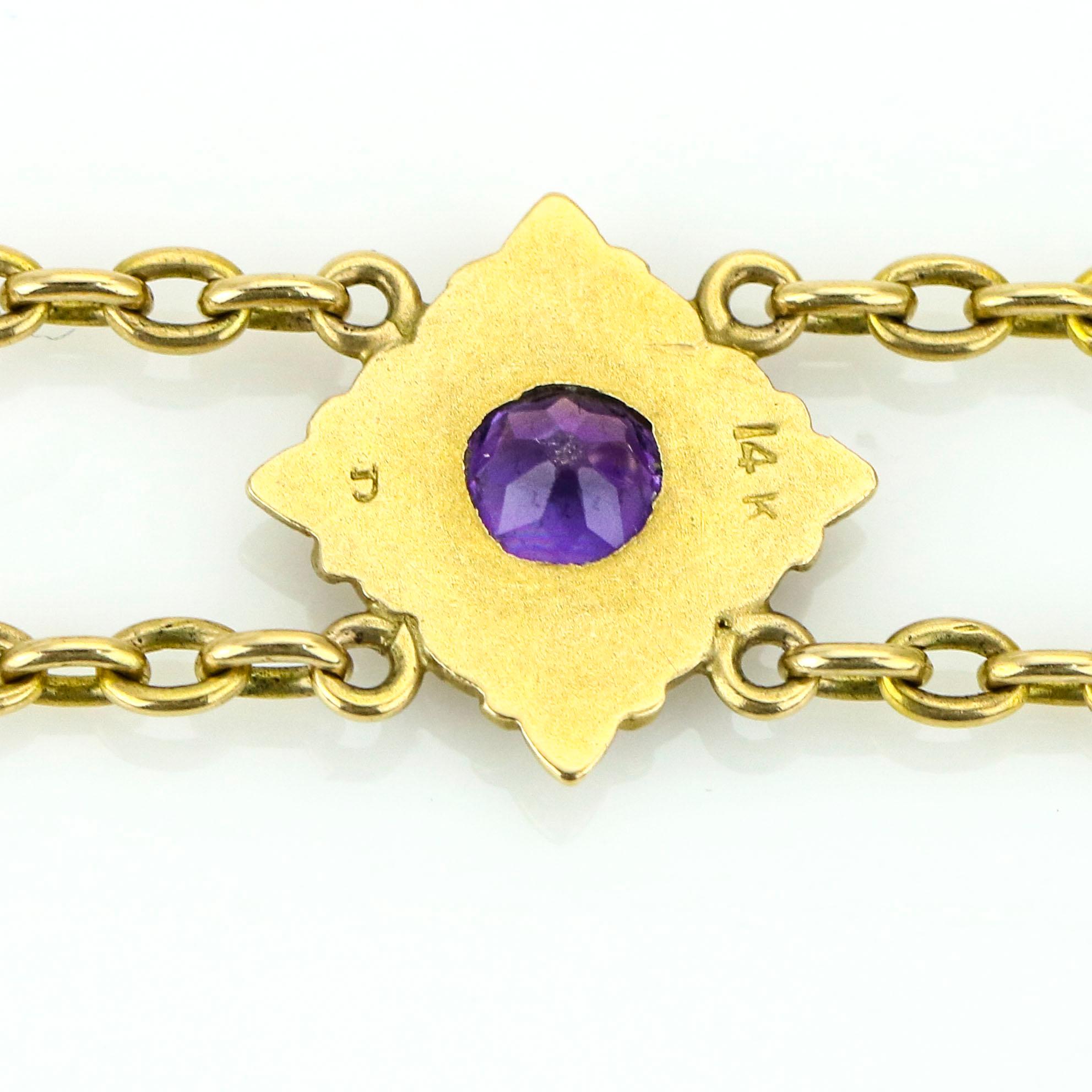 Art Nouveau 14 Karat Gold Amethyst 8-Station Chain Bracelet In Good Condition For Sale In Fort Lauderdale, FL