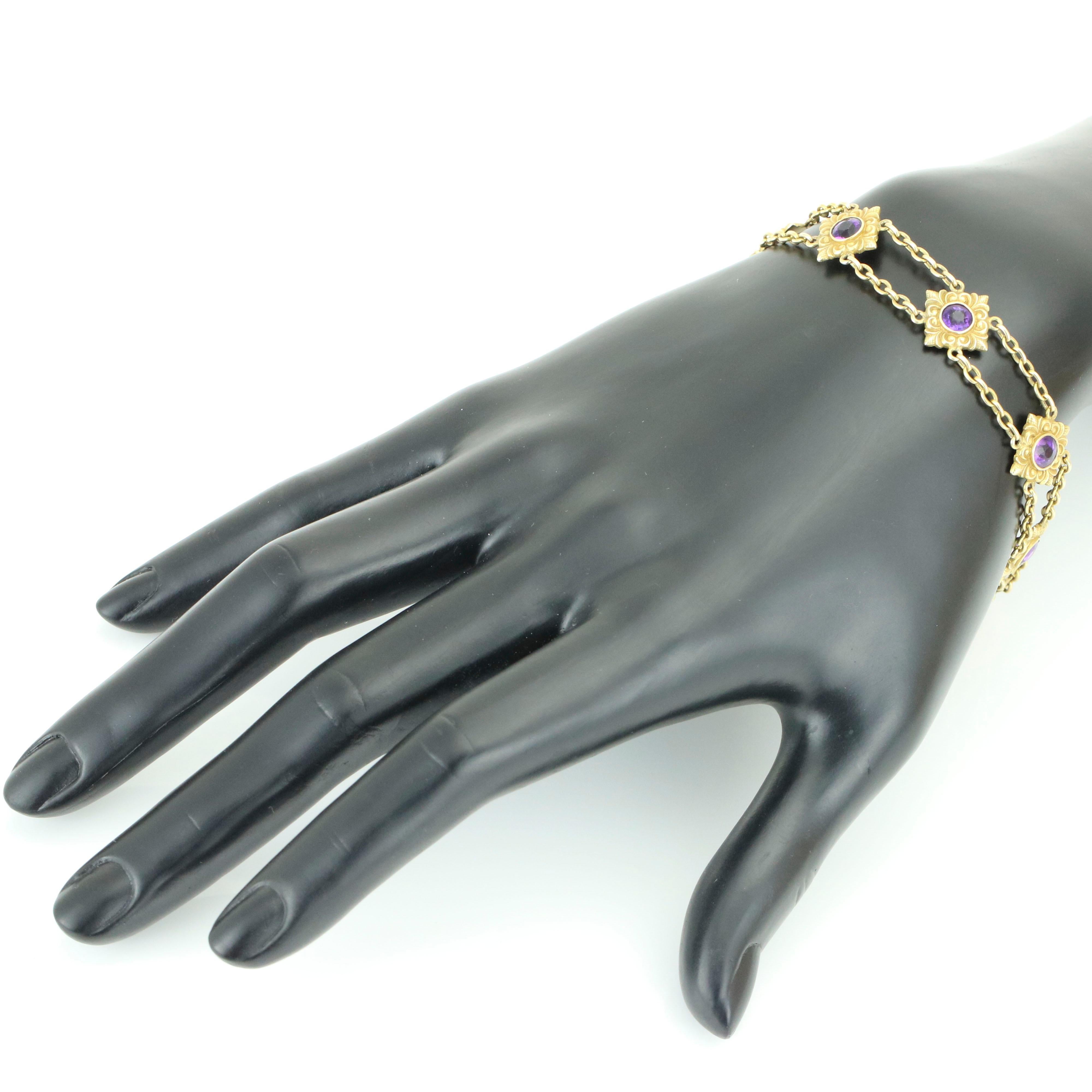 Women's Art Nouveau 14 Karat Gold Amethyst 8-Station Chain Bracelet For Sale