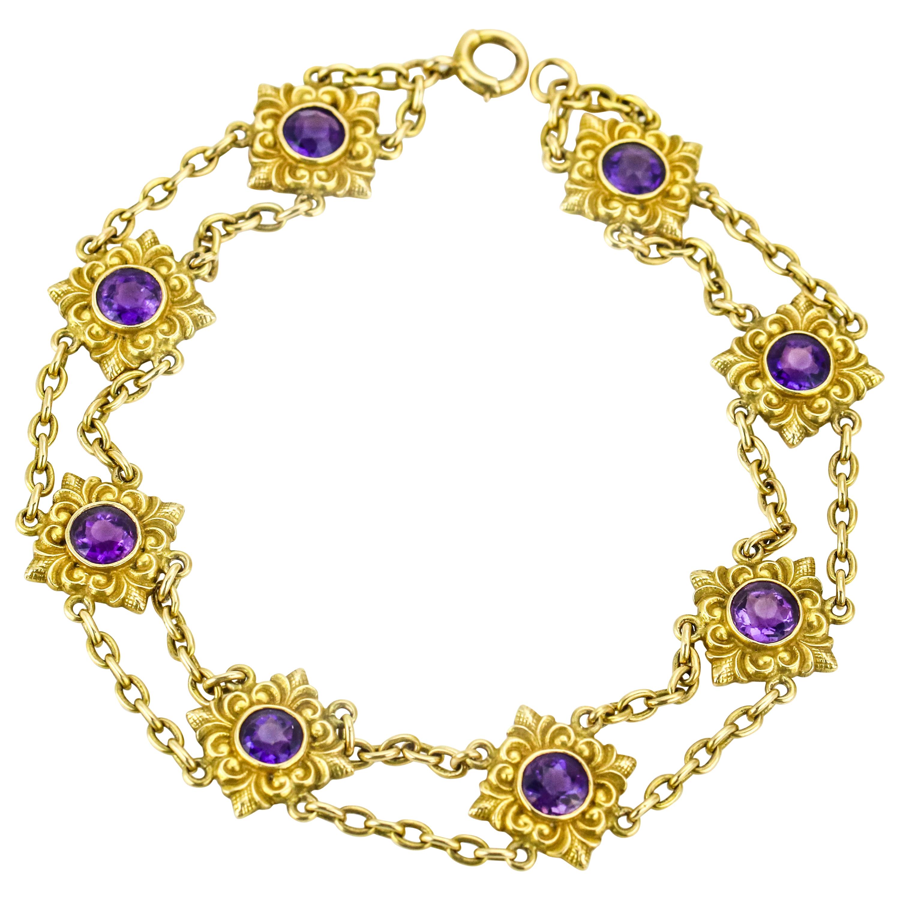 Art Nouveau 14 Karat Gold Amethyst 8-Station Chain Bracelet For Sale