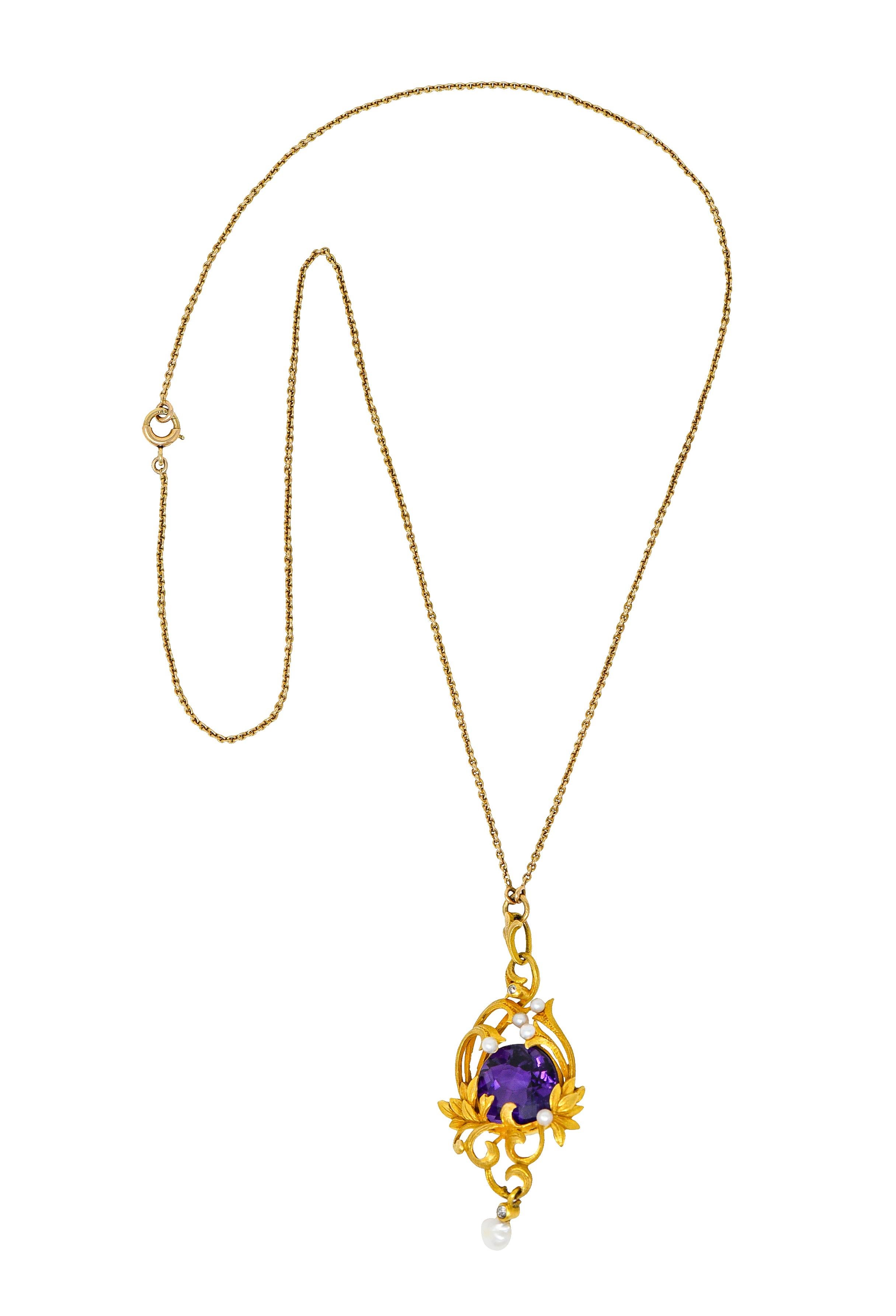 Cable chain necklace features a stylized foliate drop with amethyst, fresh water pearls and diamond

Foliate and whiplash drop contains freshwater pearl accents, a diamond and suspended baroque pearl

Round cut amethyst is a rich saturated purple