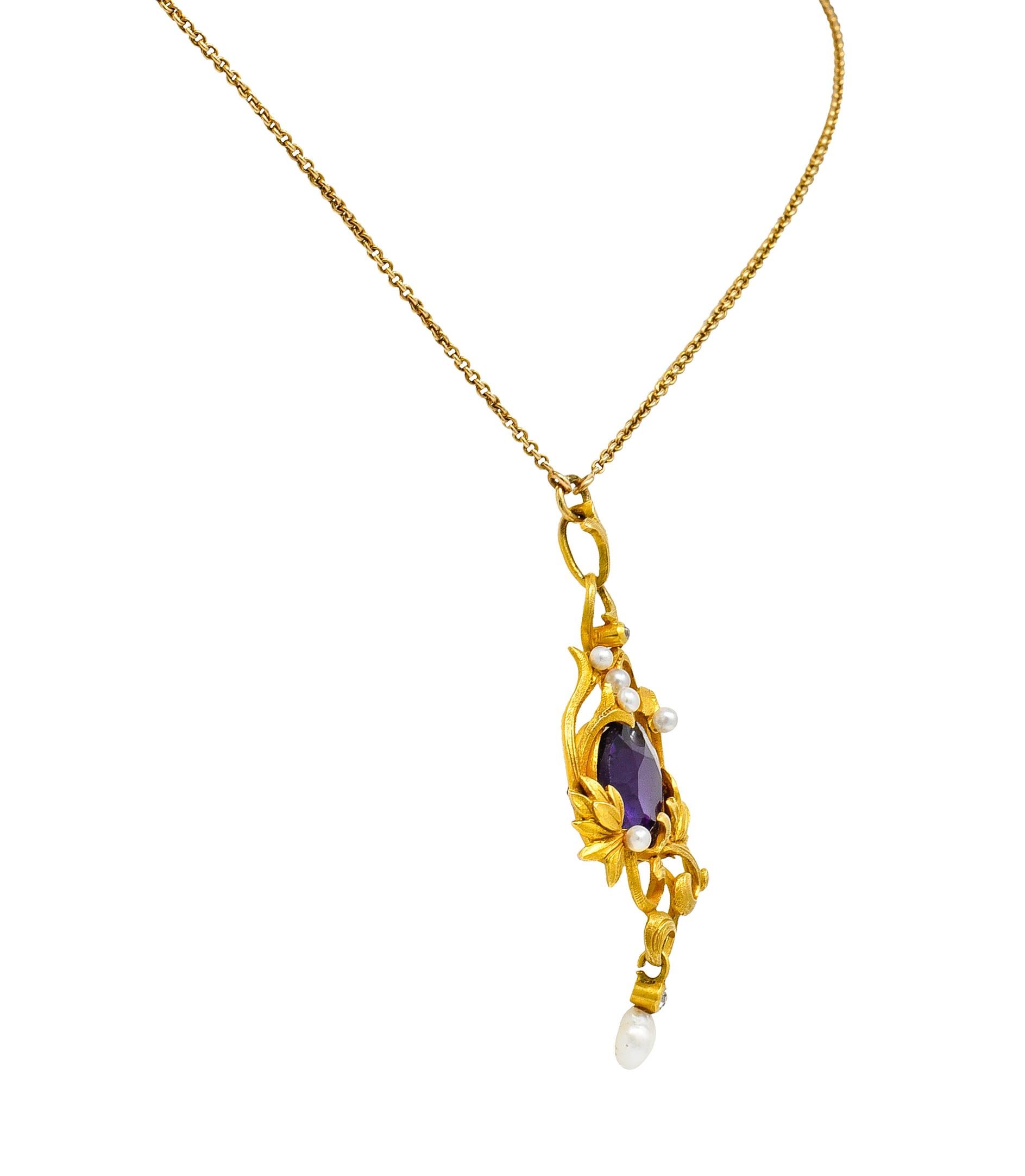 Art Nouveau 14 Karat Gold Amethyst Diamond Pearl Foliate Drop Pendant Necklace In Excellent Condition In Philadelphia, PA