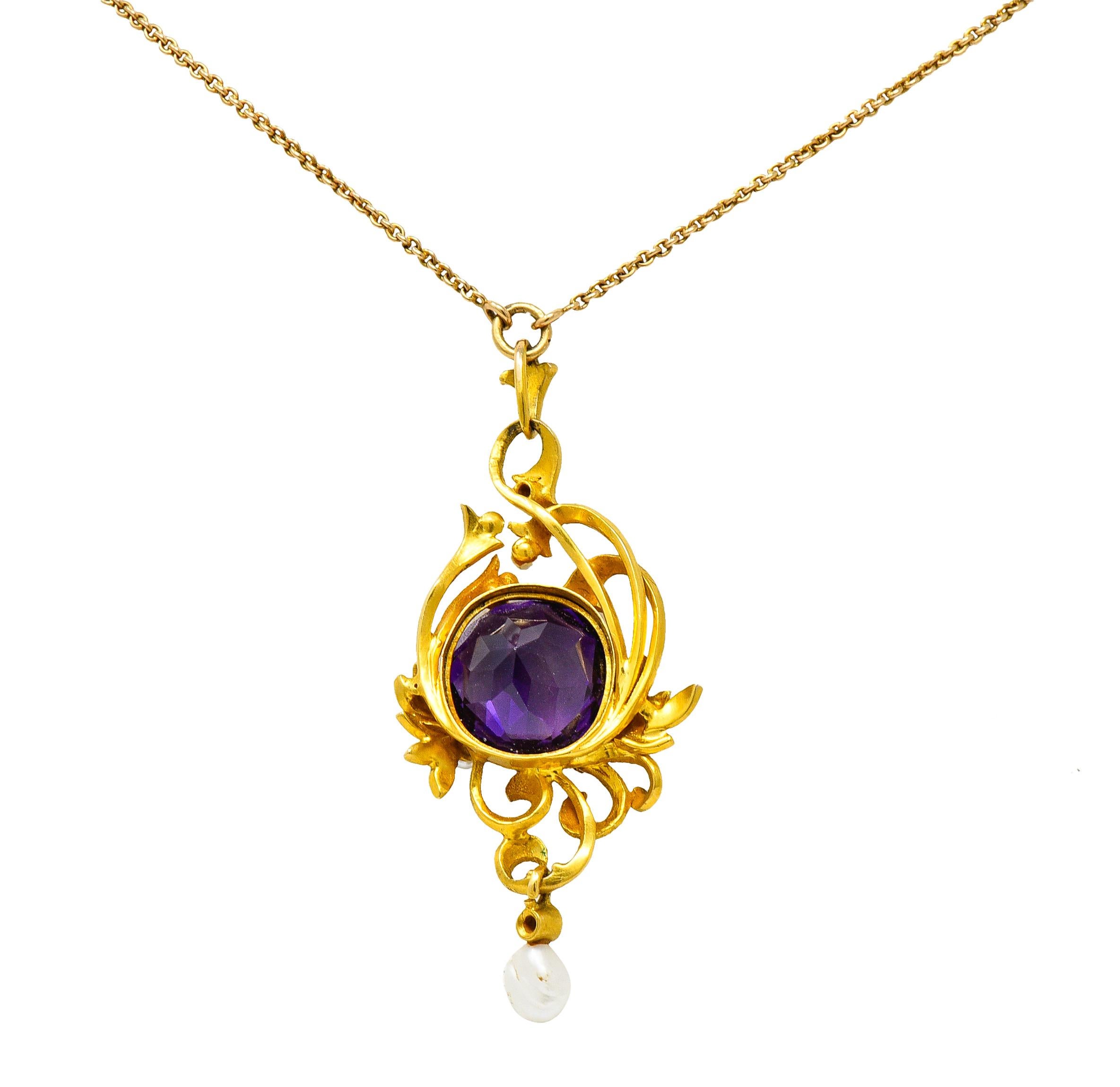 Women's or Men's Art Nouveau 14 Karat Gold Amethyst Diamond Pearl Foliate Drop Pendant Necklace
