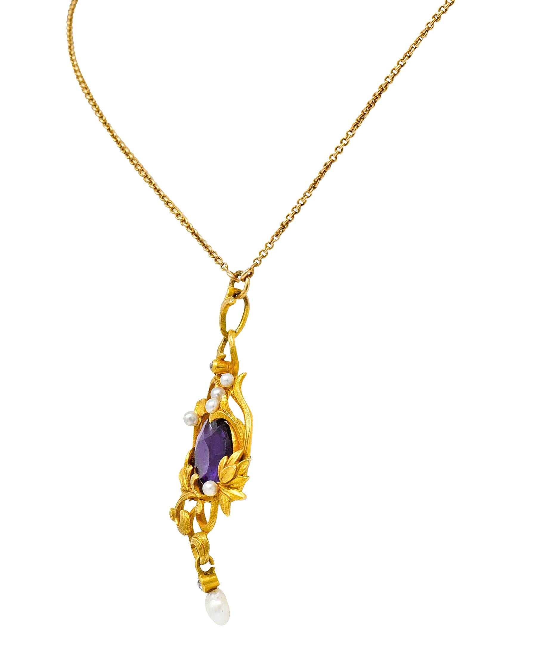 Art Nouveau 14 Karat Gold Amethyst Diamond Pearl Foliate Drop Pendant Necklace 1