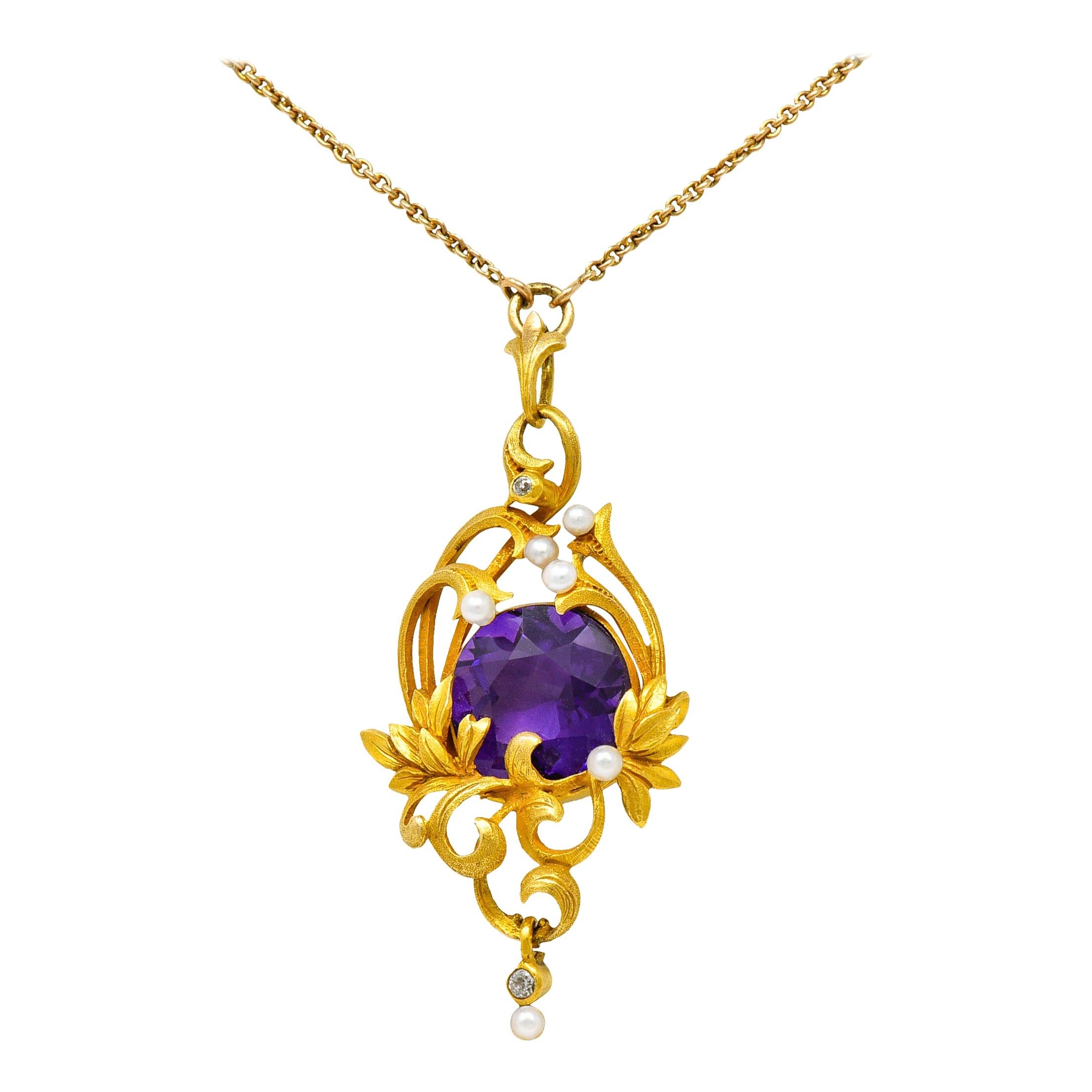 Art Nouveau 14 Karat Gold Amethyst Diamond Pearl Foliate Drop Pendant Necklace