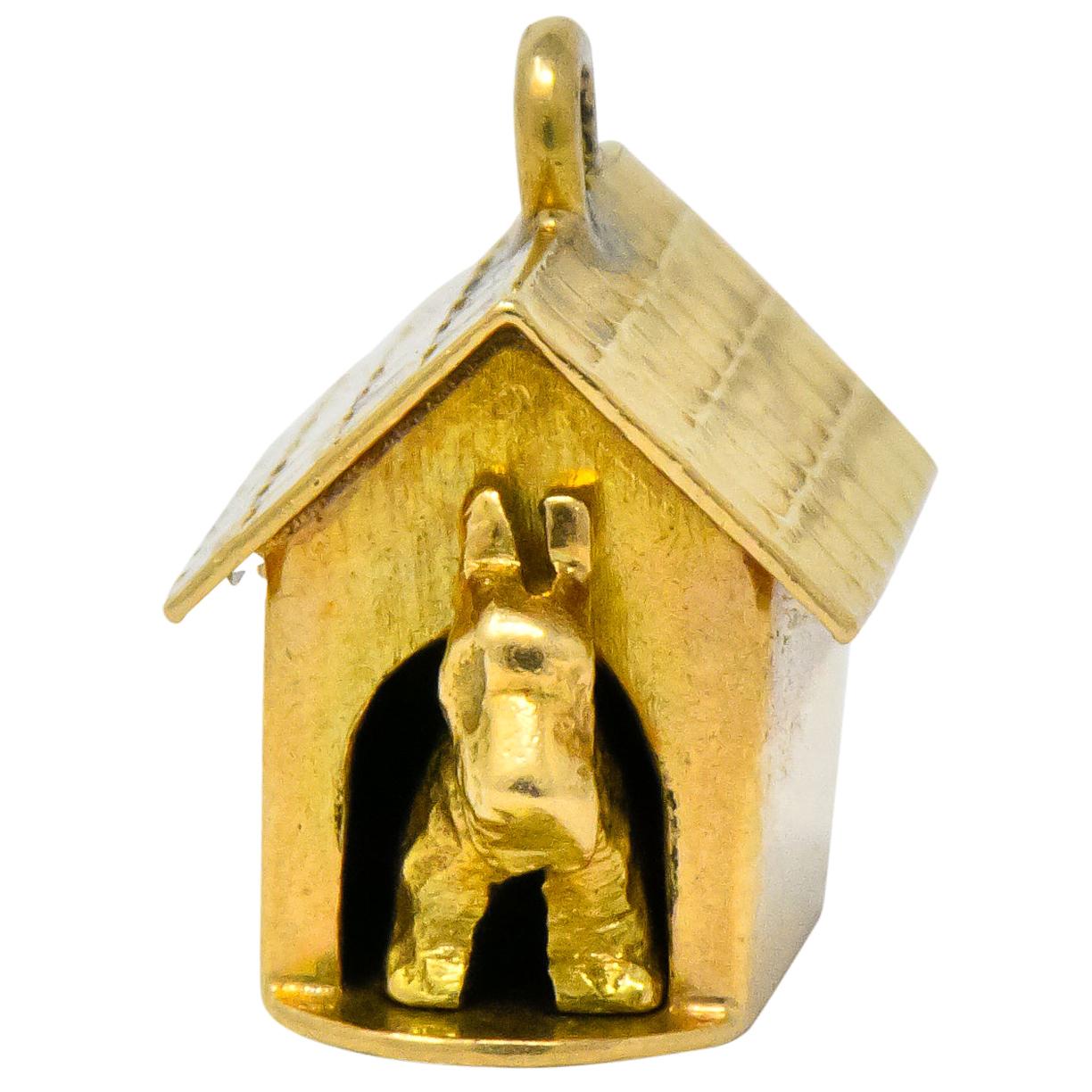 Art Nouveau 14 Karat Gold Articulated Scottish Terrier Dog House Charm