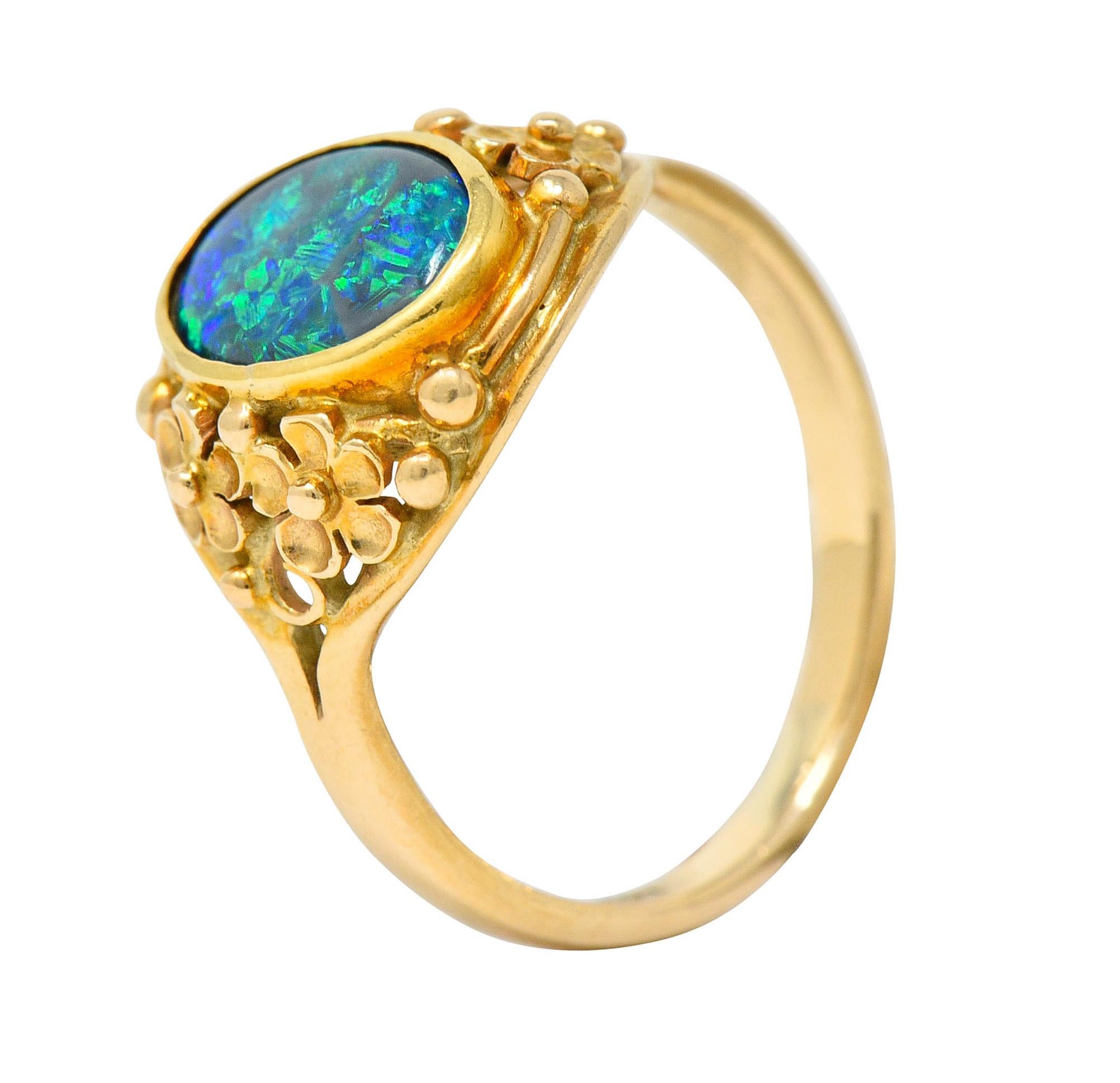 Art Nouveau 14 Karat Gold Black Opal Flower Ring 5