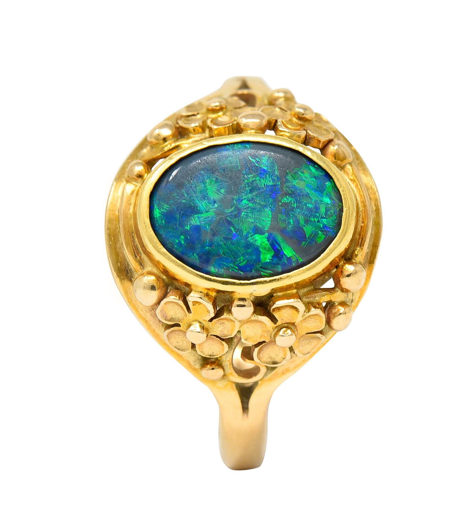 Art Nouveau 14 Karat Gold Black Opal Flower Ring 6