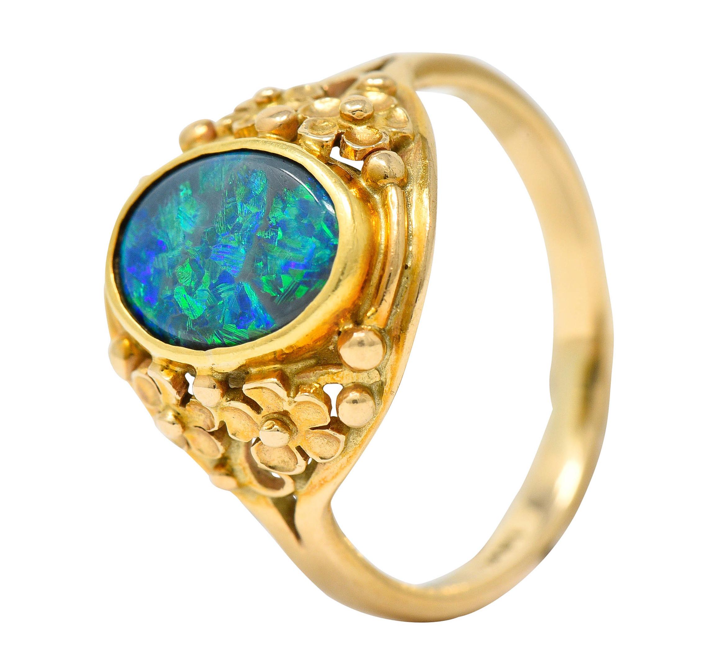 Art Nouveau 14 Karat Gold Black Opal Flower Ring 7