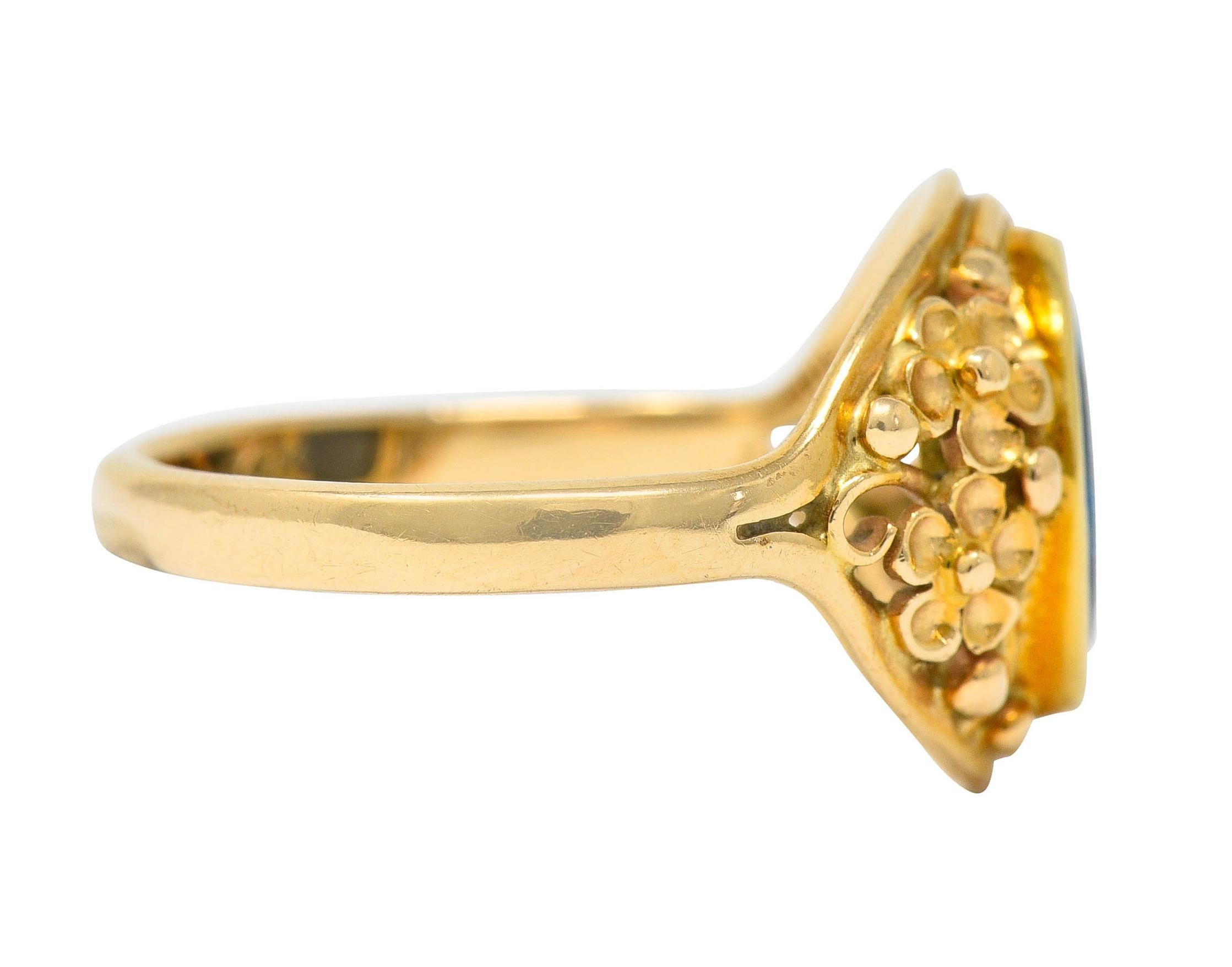 Cabochon Art Nouveau 14 Karat Gold Black Opal Flower Ring