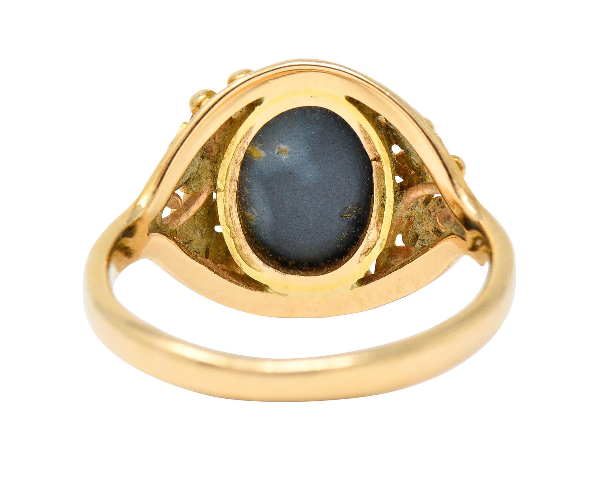 Art Nouveau 14 Karat Gold Black Opal Flower Ring In Excellent Condition In Philadelphia, PA