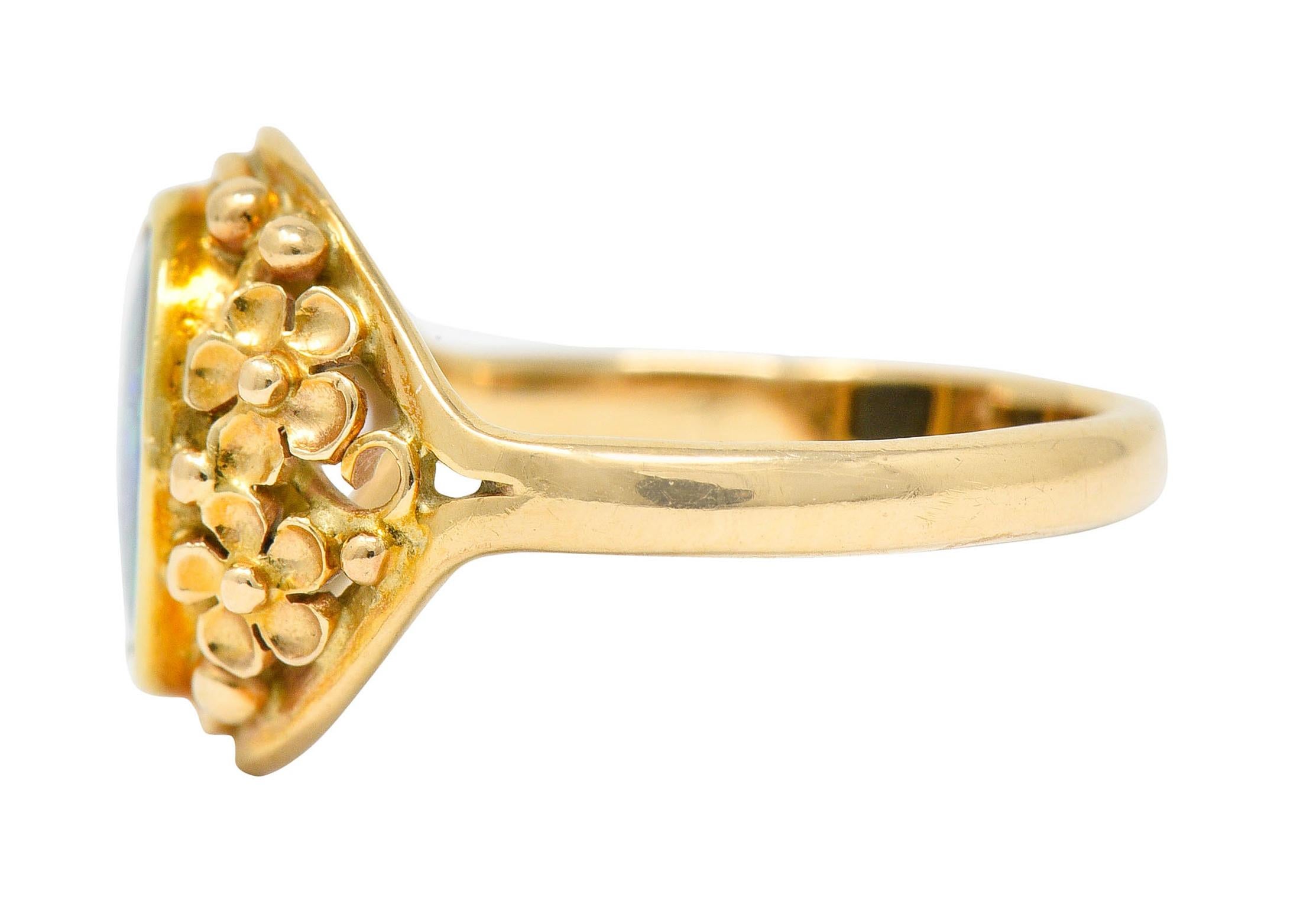 Women's or Men's Art Nouveau 14 Karat Gold Black Opal Flower Ring