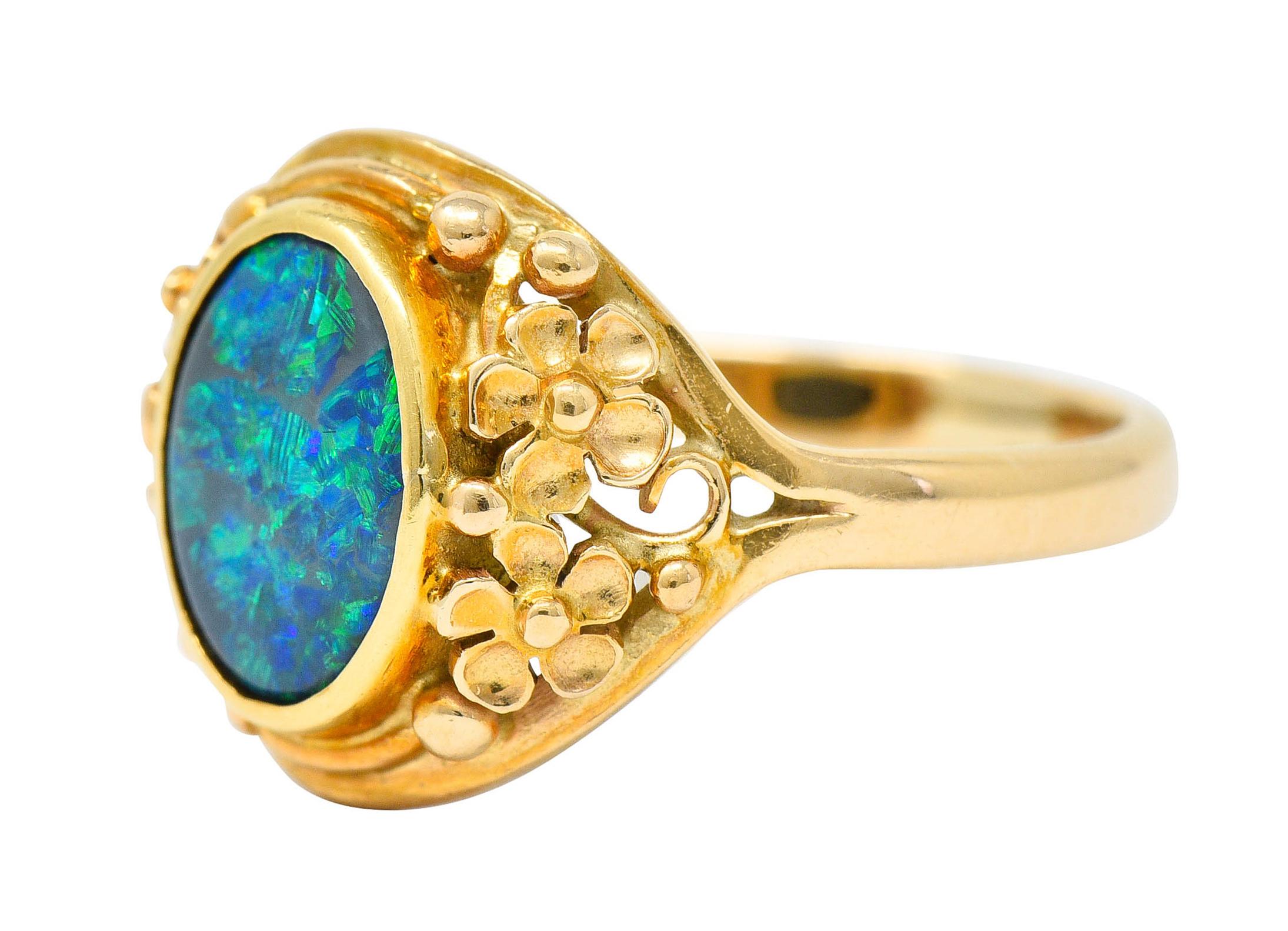 Art Nouveau 14 Karat Gold Black Opal Flower Ring 1
