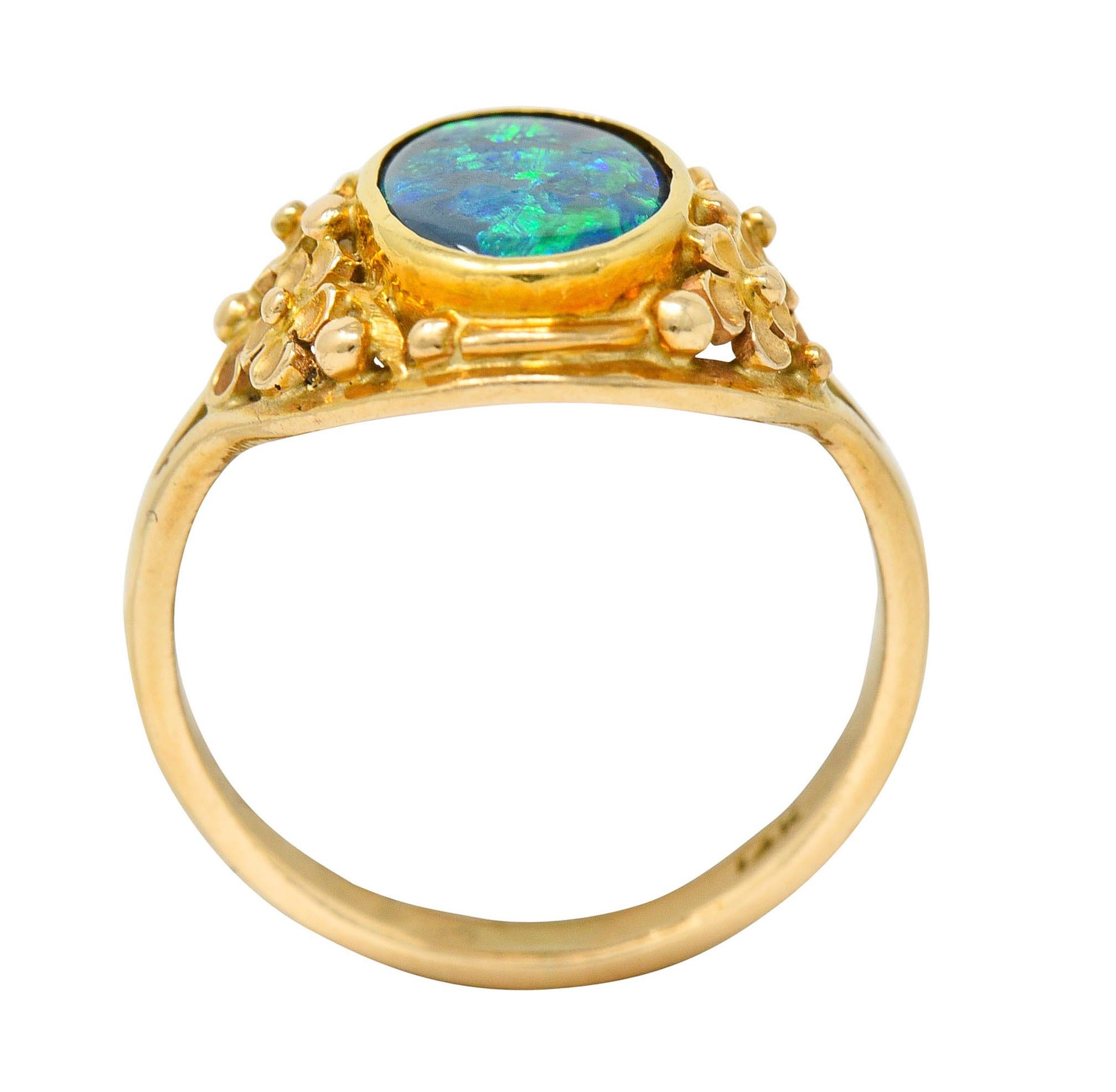 Art Nouveau 14 Karat Gold Black Opal Flower Ring 3