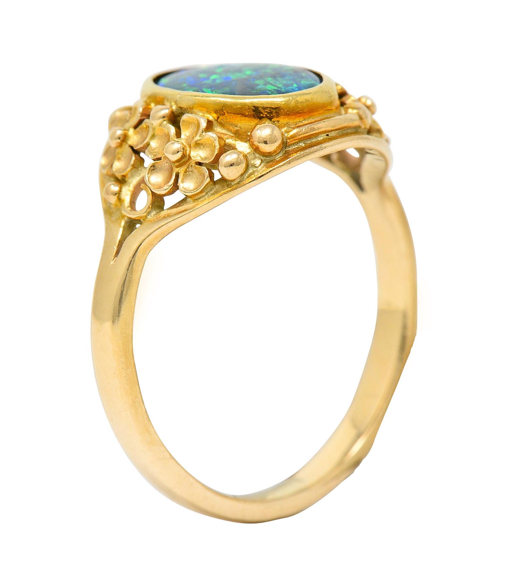Art Nouveau 14 Karat Gold Black Opal Flower Ring 4