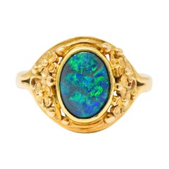 Art Nouveau 14 Karat Gold Black Opal Flower Ring