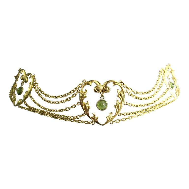 Art Nouveau 14 Karat Gold Choker Peridot Necklace For Sale