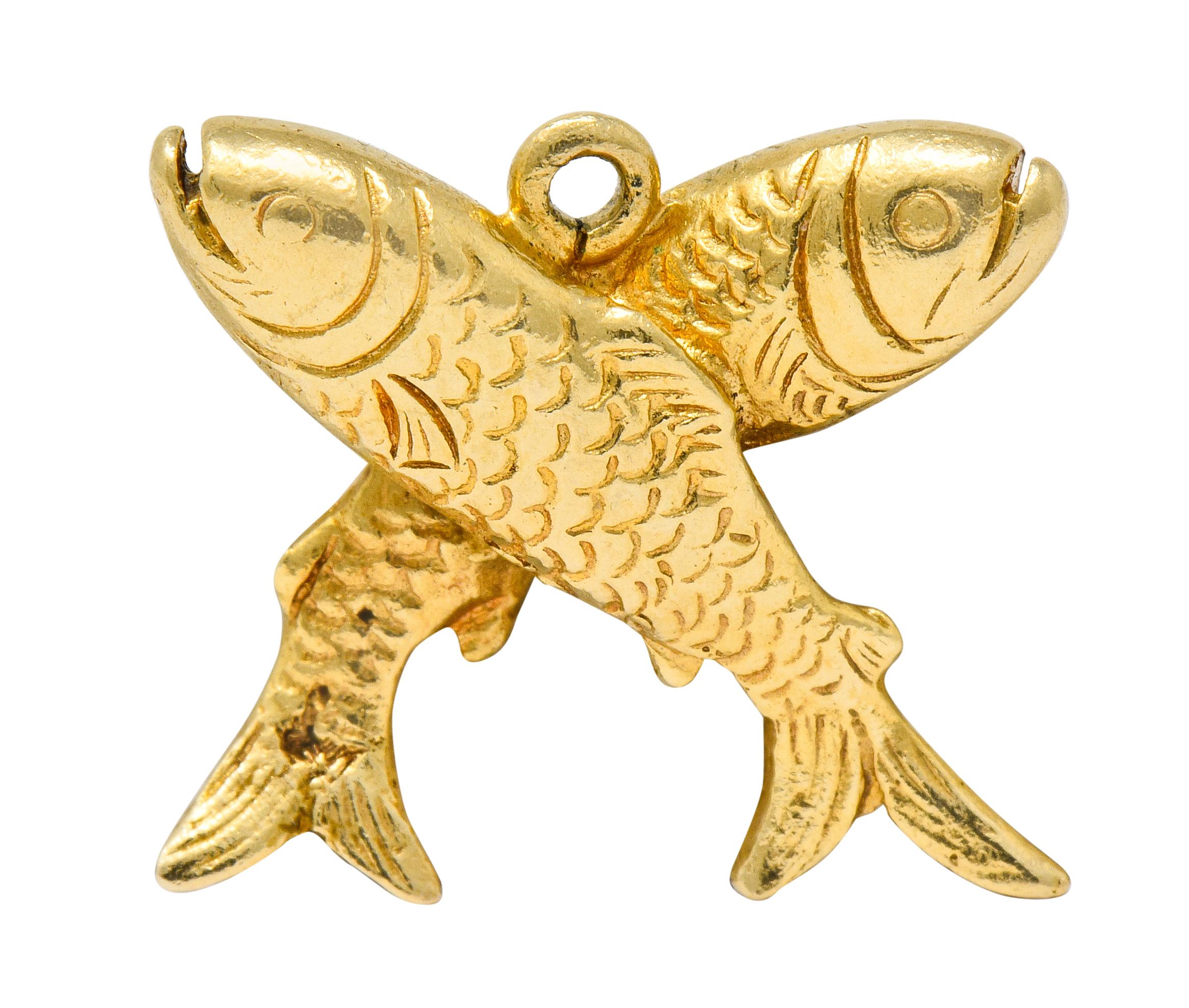 Art Nouveau 14 Karat Gold Crossed Fish Pisces Zodiac Charm In Excellent Condition In Philadelphia, PA
